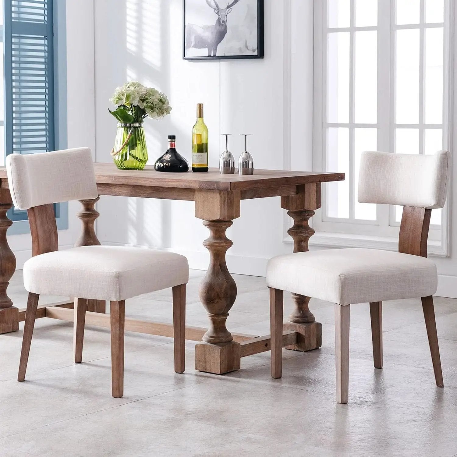 Beige Upholstered Linen Dining Armchairs Wood Legs from PriceLows™