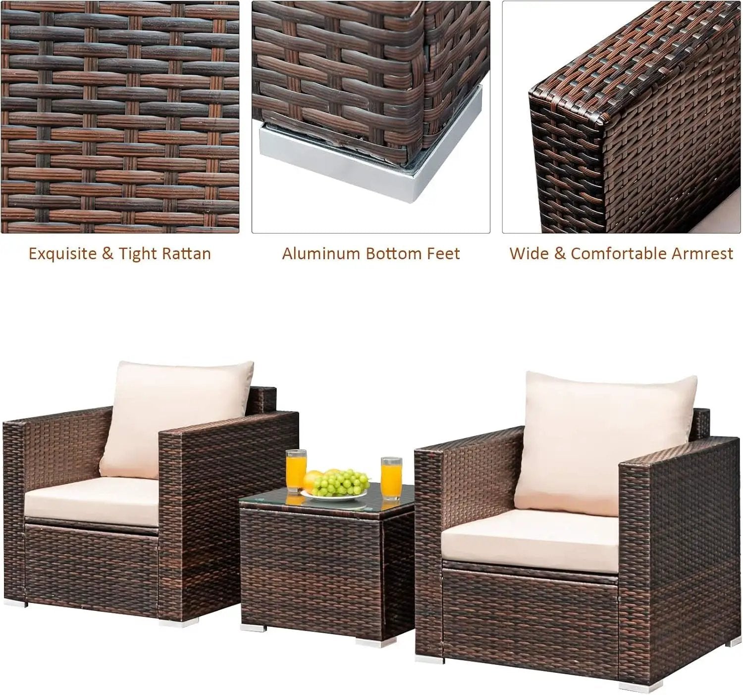 3 Piece Outdoor Patio Furniture Set Rattan Wicker With Washable Cushions And Tempered Glass Tabletop from PriceLows™