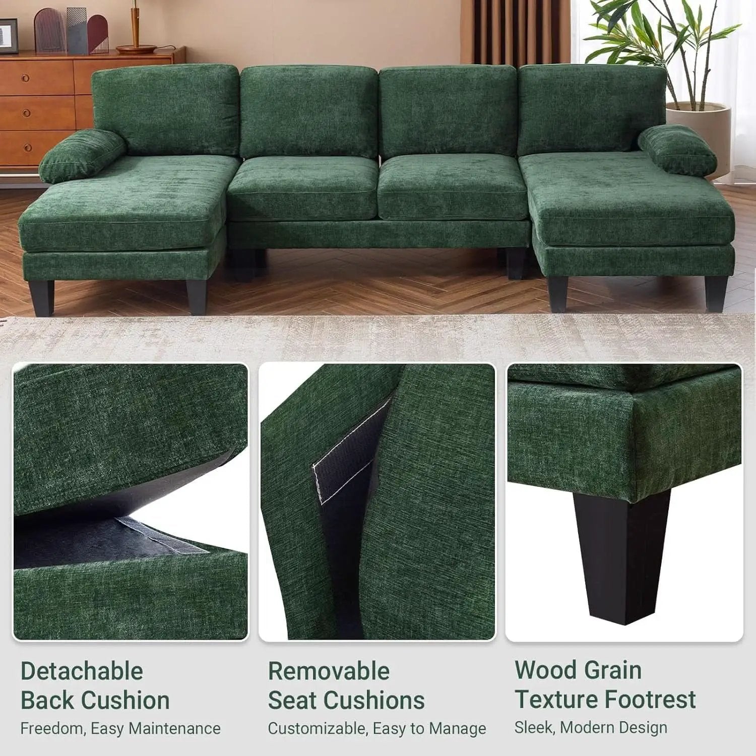 Forest Green 110 Inch U Shape Sectional Couch Double Chaise from PriceLows™