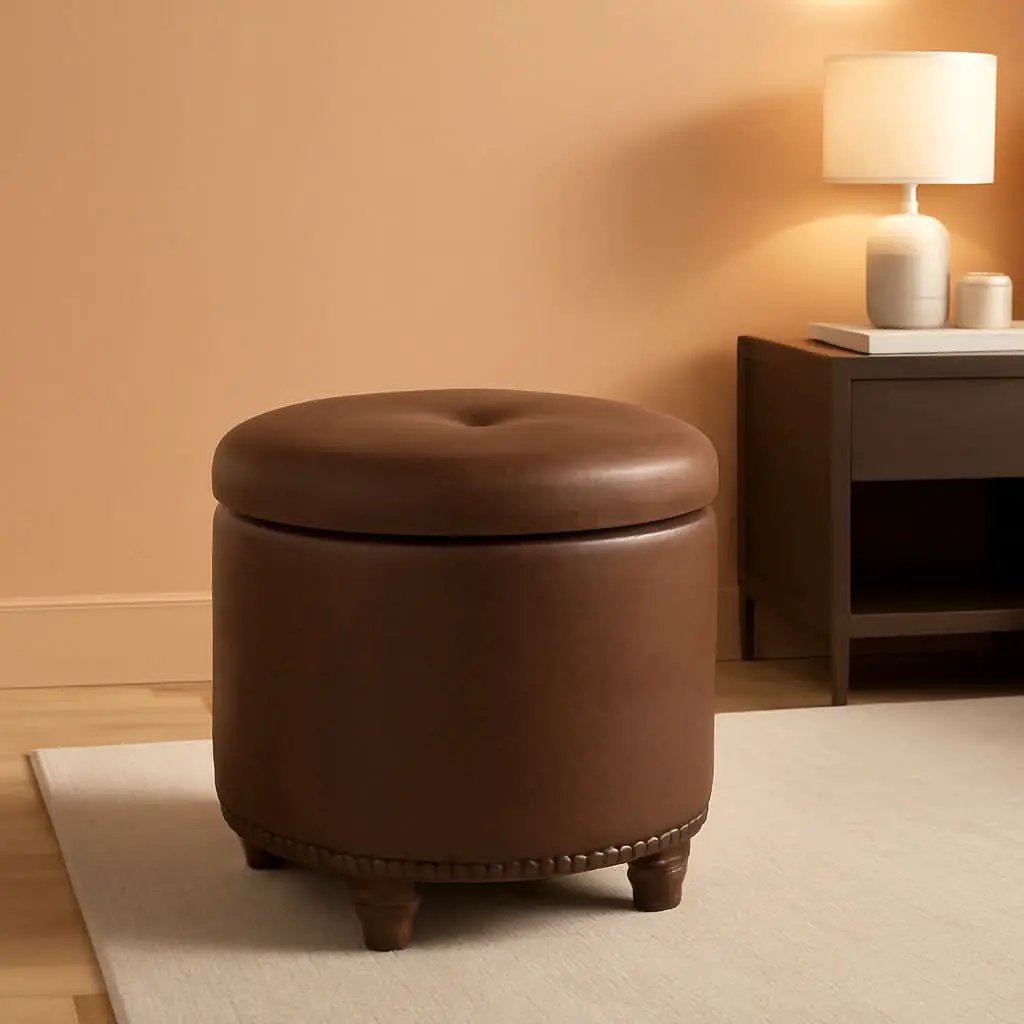 Round Storage Ottoman With Nailhead-Trim Brown Faux Leather from PriceLows™