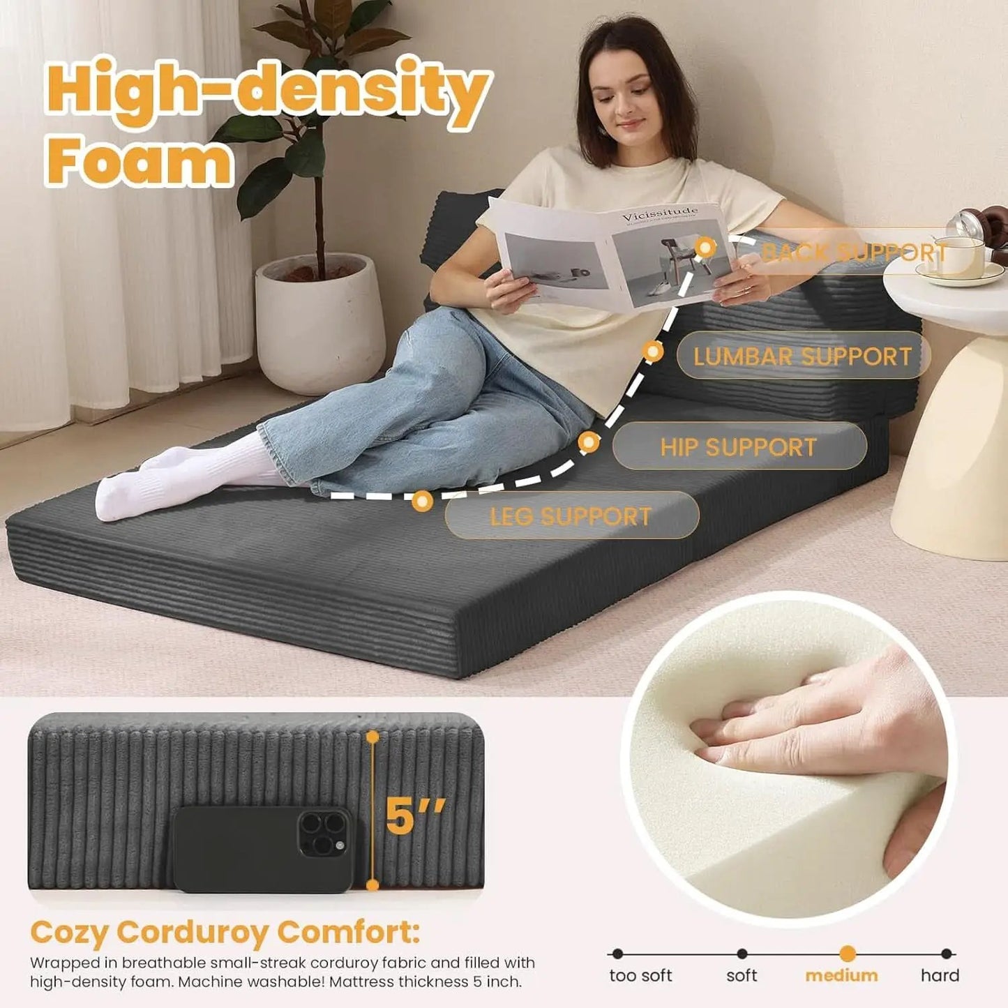 Full Size Transformable Memory Foam Sofa Bed Grey Corduroy from PriceLows™