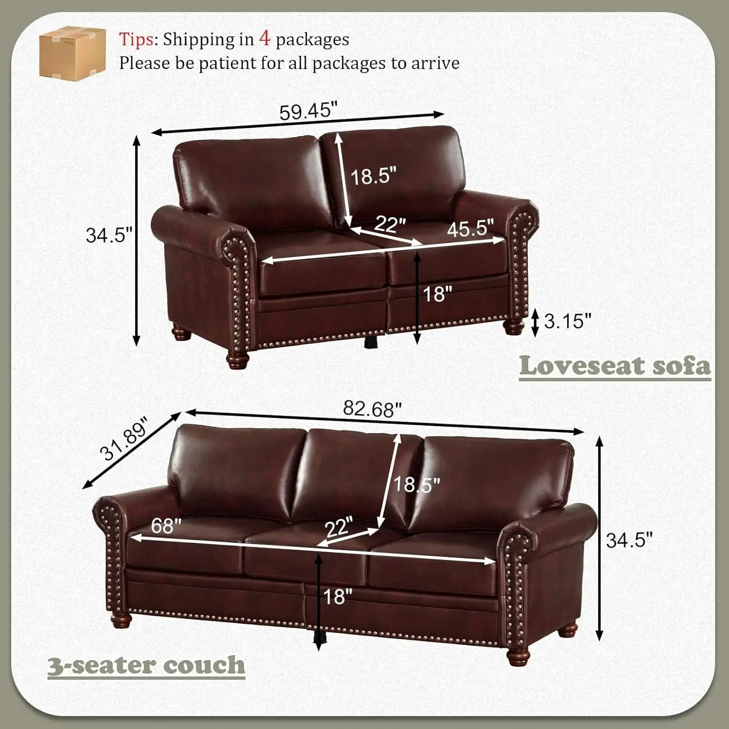 Two Piece Upholstered PU Leather Sofa Set With Hidden Storage Red Brown Mid Century Modern Living Room Furniture from PriceLows™