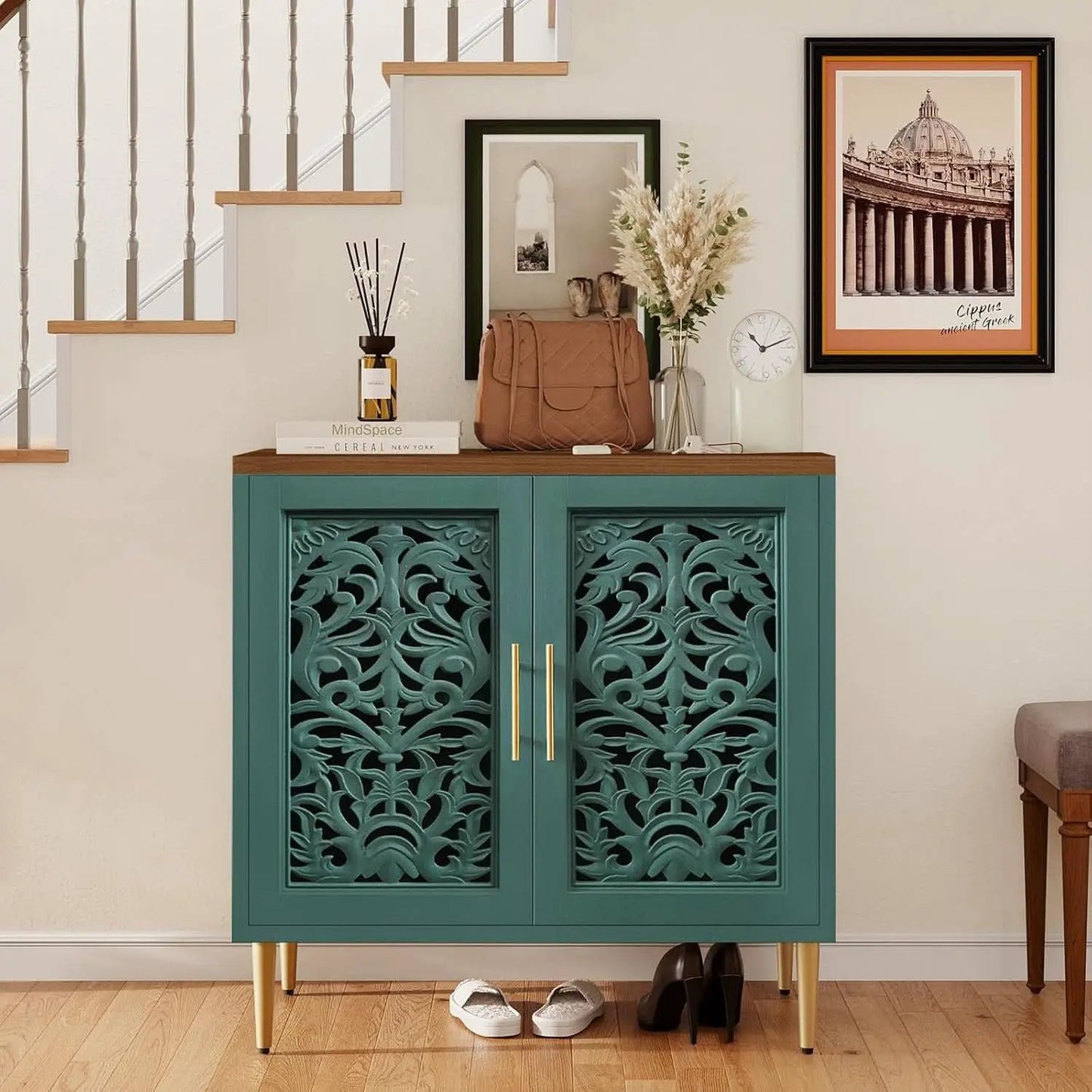 Green Accent Cabinet Carved Storage Vintage Furniture from PriceLows™