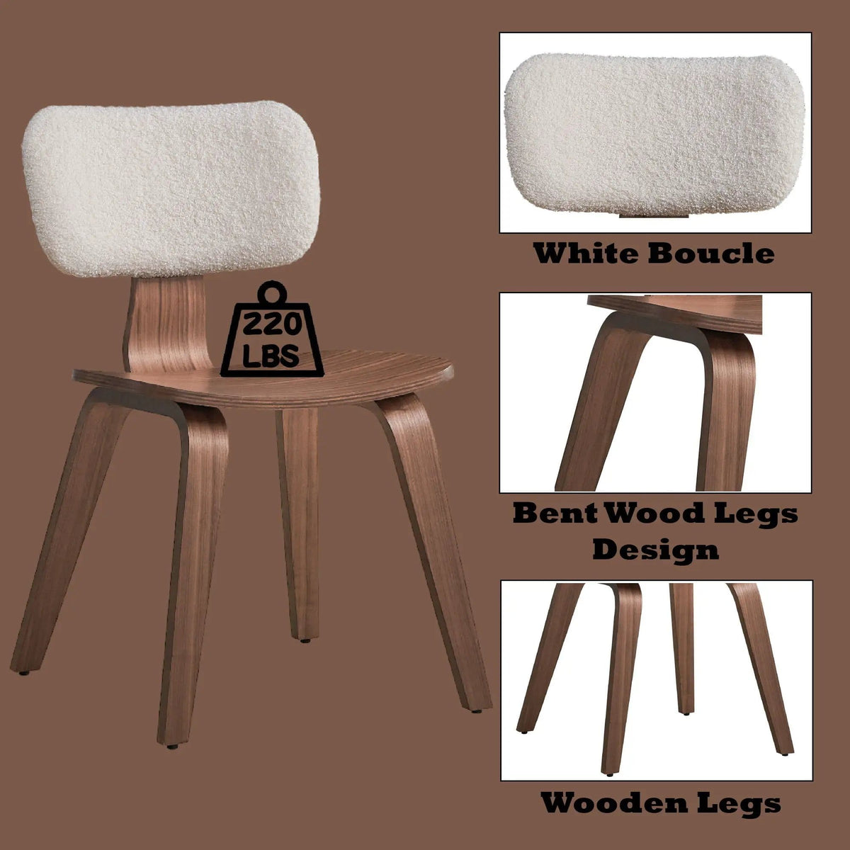Casson Boucle 7 Walnut Side Chair (Set of 2) | 22 x 18 x 30 in | Walnut & Boucle | White / Walnut