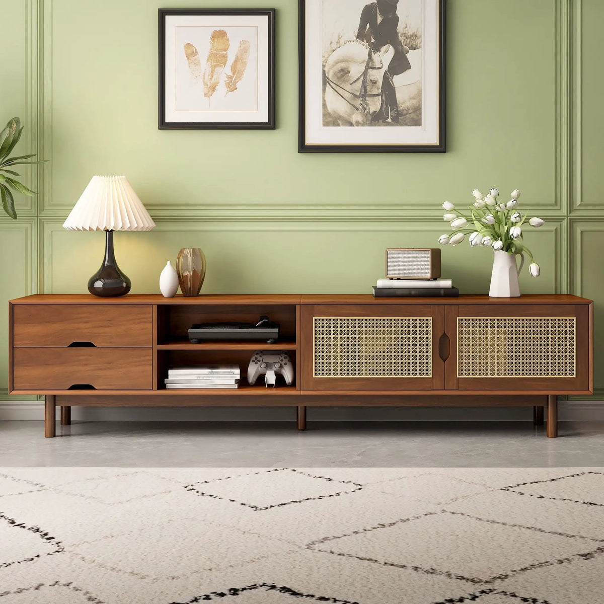 85 Inch TV Stand | Media Console With 2 Drawers | Woven Rattan Panels | Walnut