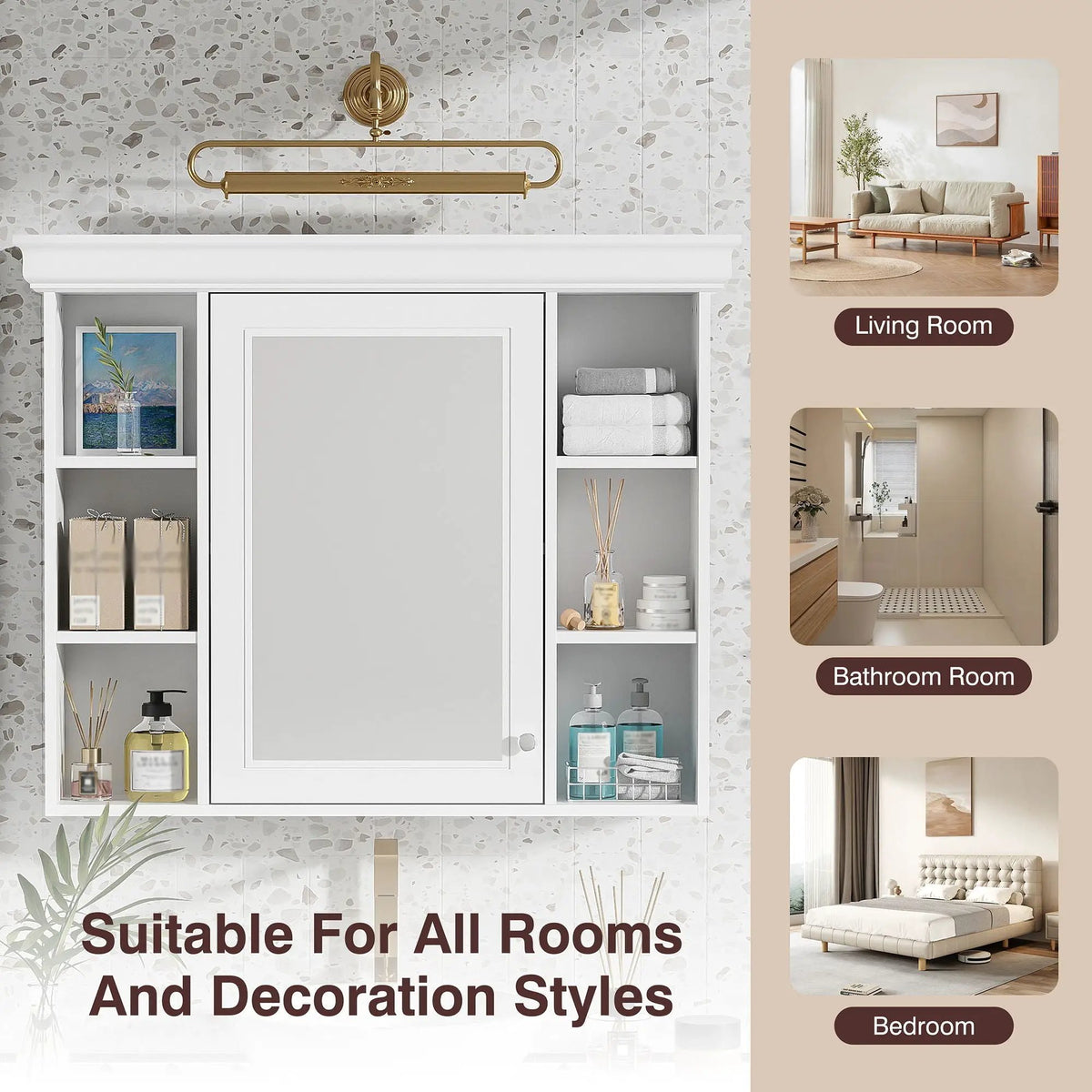 Wall Mounted Bathroom Storage Cabinet | Mirror Door | Silver Metal Handles | Open Shelves