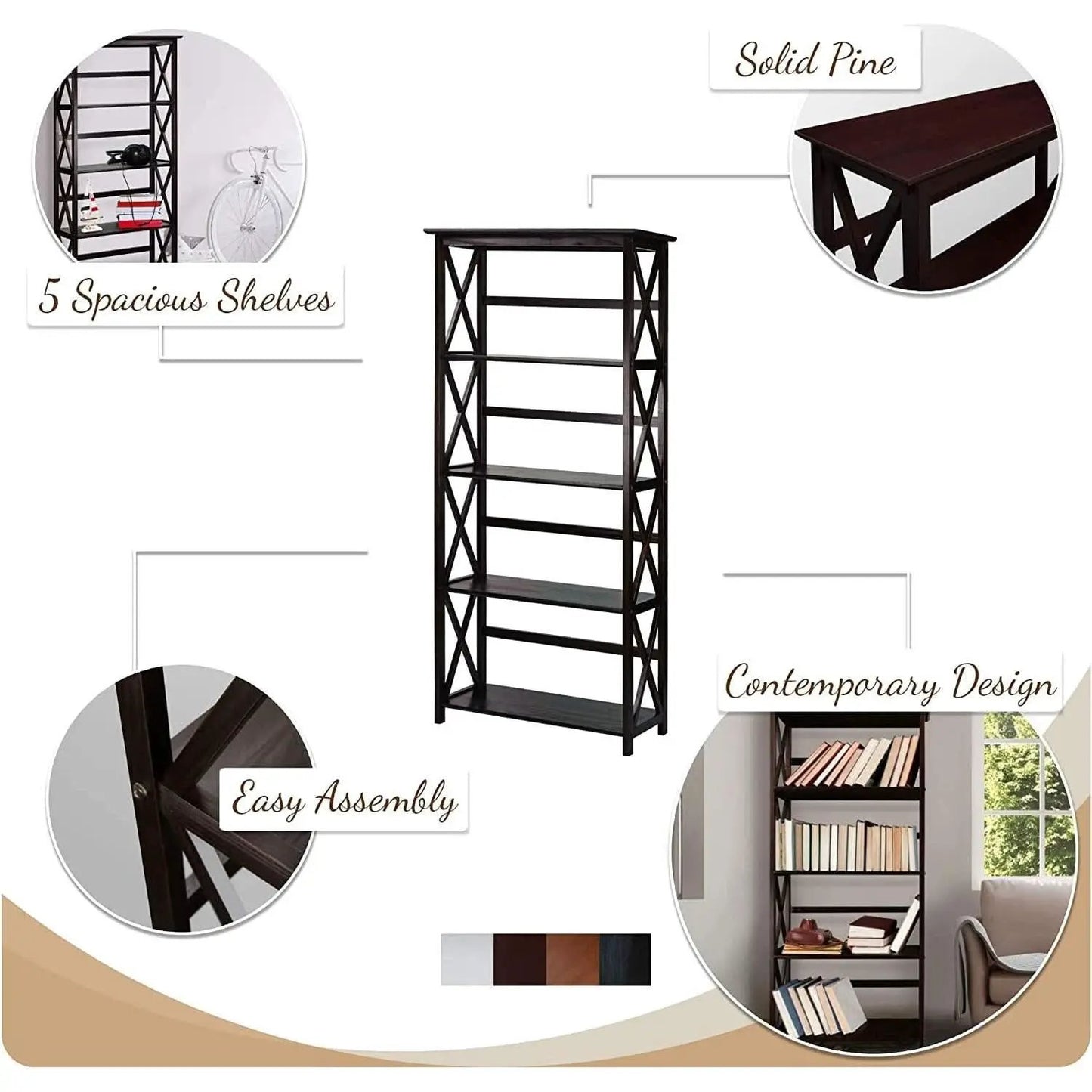 Espresso Montego Five Shelf Bookcase With X Design from PriceLows™