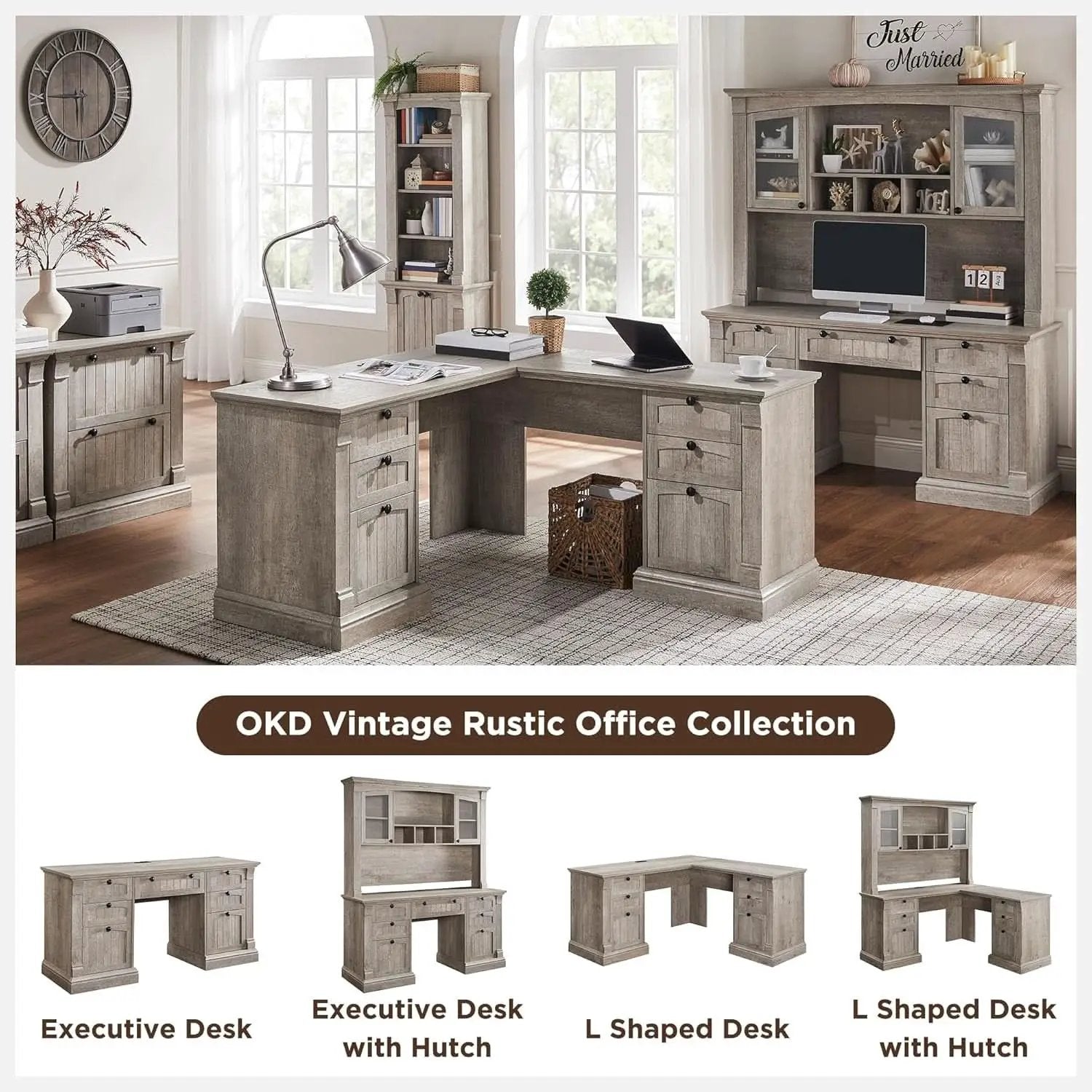 60-Inch L-Shaped Desk With Hutch Light Rustic Oak Finish from PriceLows™