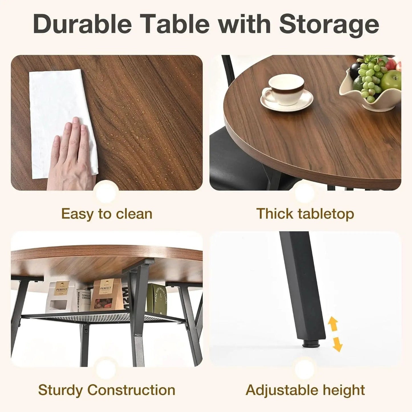 Round Dining Table Set For Four Walnut Wood Finish Metal from PriceLows™