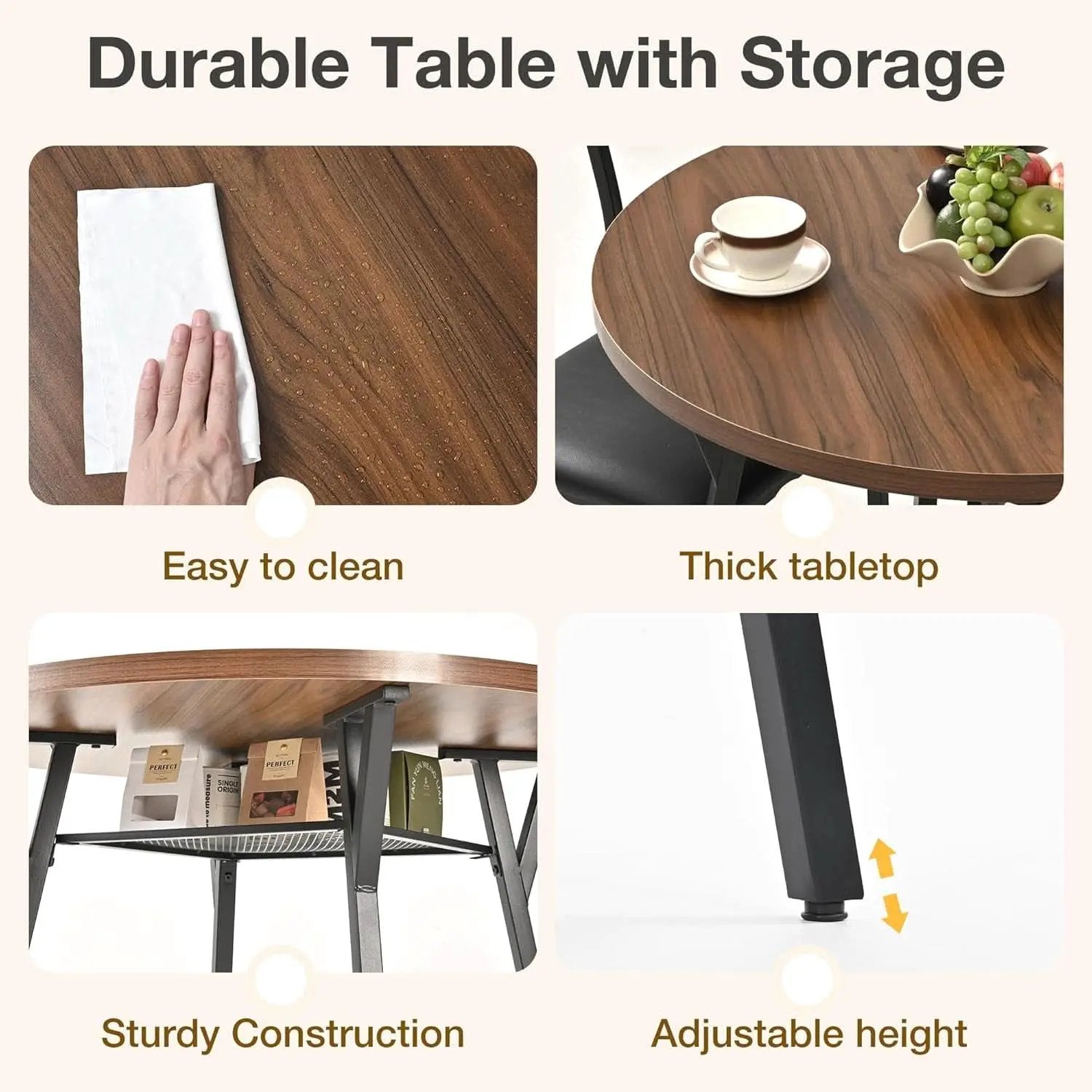 Round Dining Table Set For Four Walnut Wood Finish Metal from PriceLows™