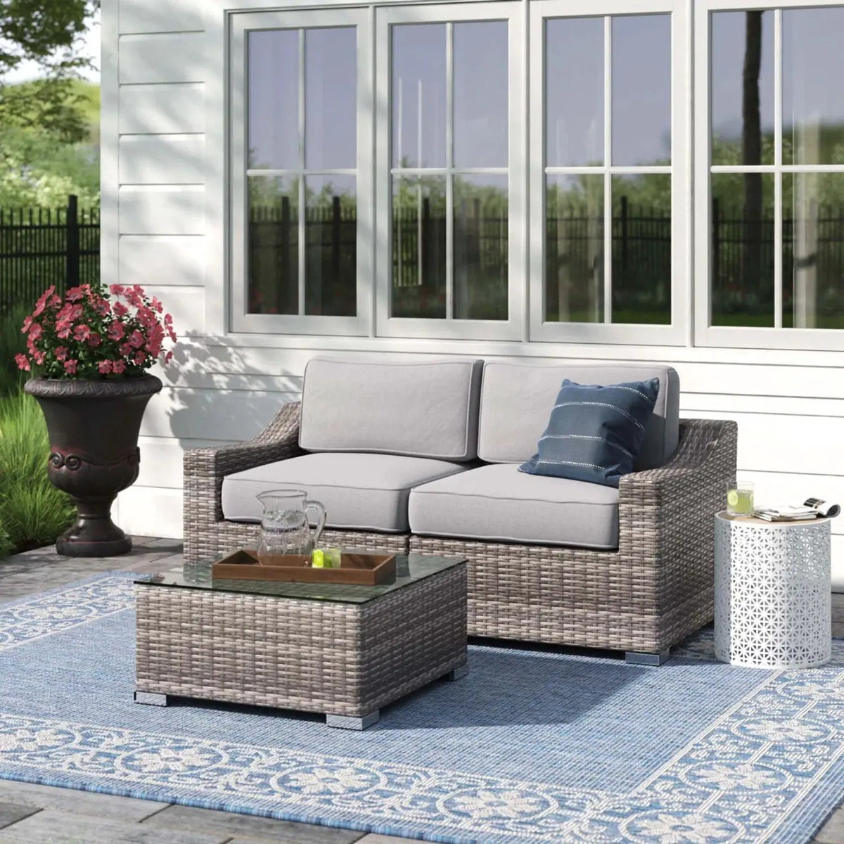 Outdoor Wicker Conversation Set | All-Weather Resin | Tempered Glass Table | 5 Inch Cushions