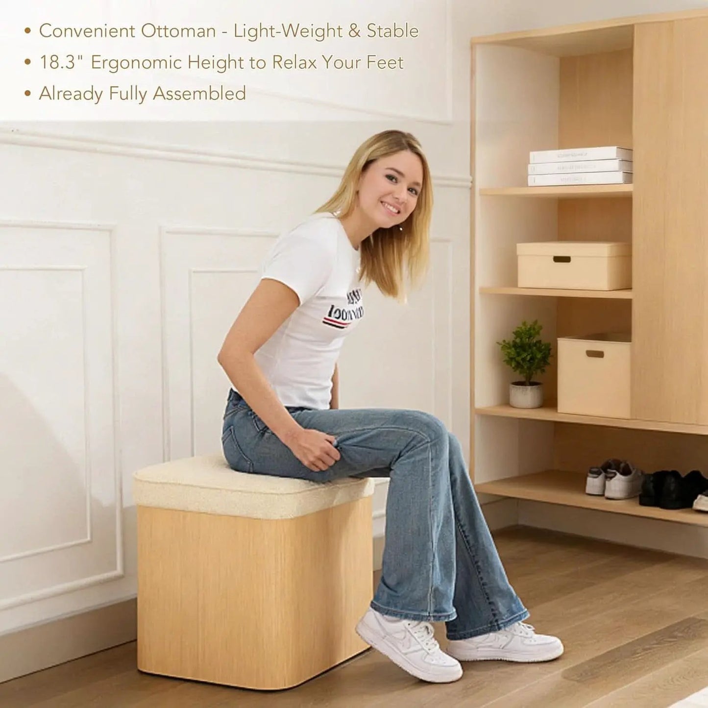 Beige Linen Upholstered Storage Ottoman With Footrest from PriceLows™