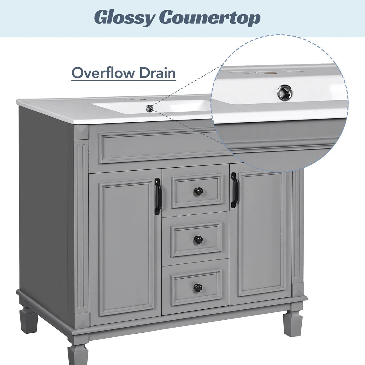 36 Inch Bathroom Vanity With Top Sink | Basin On Cabinet | 2 Soft Closing Doors | 2 Drawers