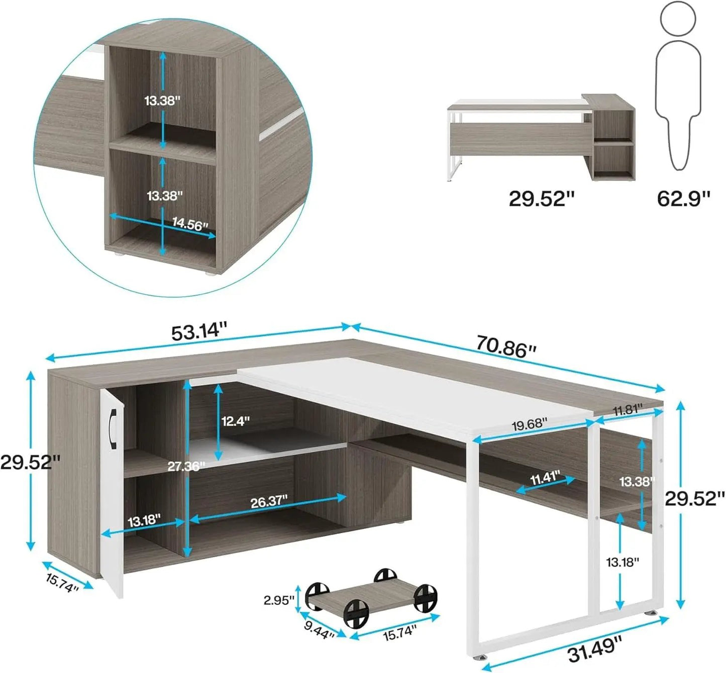 71 Inch Executive L Shaped Desk Cabinets Gray And White from PriceLows™