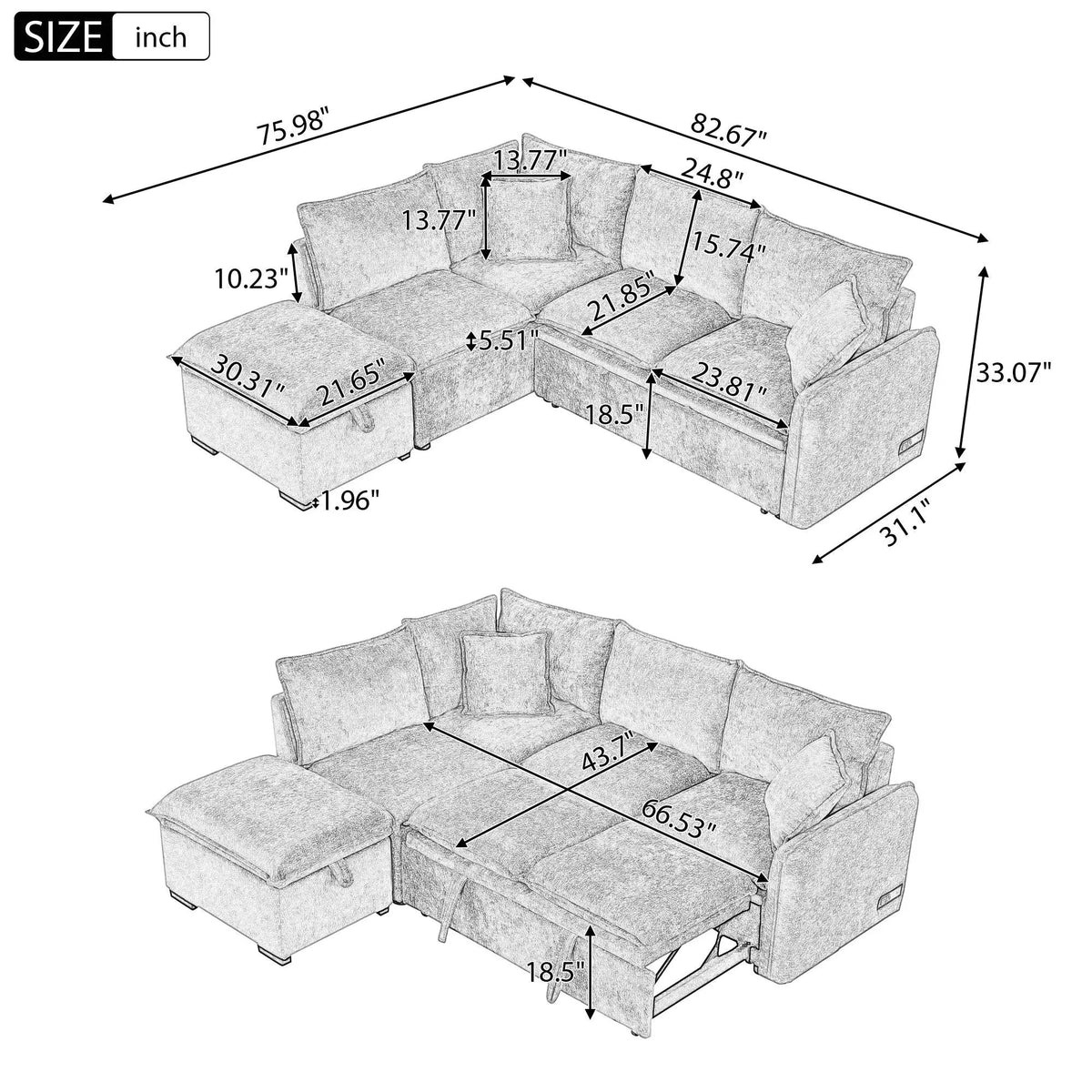 Convertible Sofa Bed | L Shaped Sectional | Storage Ottoman | Two USB Ports