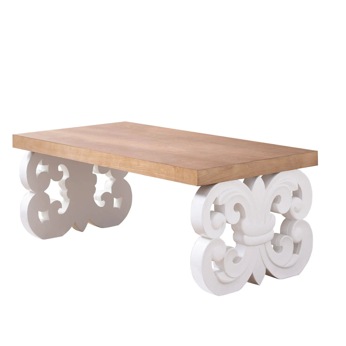 Farmhouse Coffee Table | Ornate Scroll Base | Natural Wood Top | Intricately Carved
