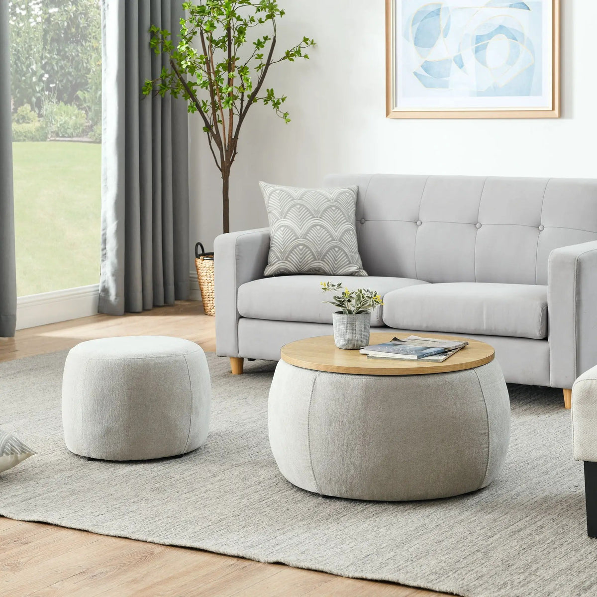 Round Storage Ottoman | Pleated Fabric | Removable Lid