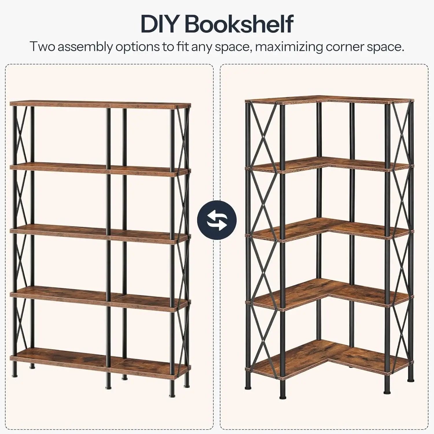 Corner Bookshelf 5-Tier L-Shaped Industrial Bookcase In Rustic Brown from PriceLows™