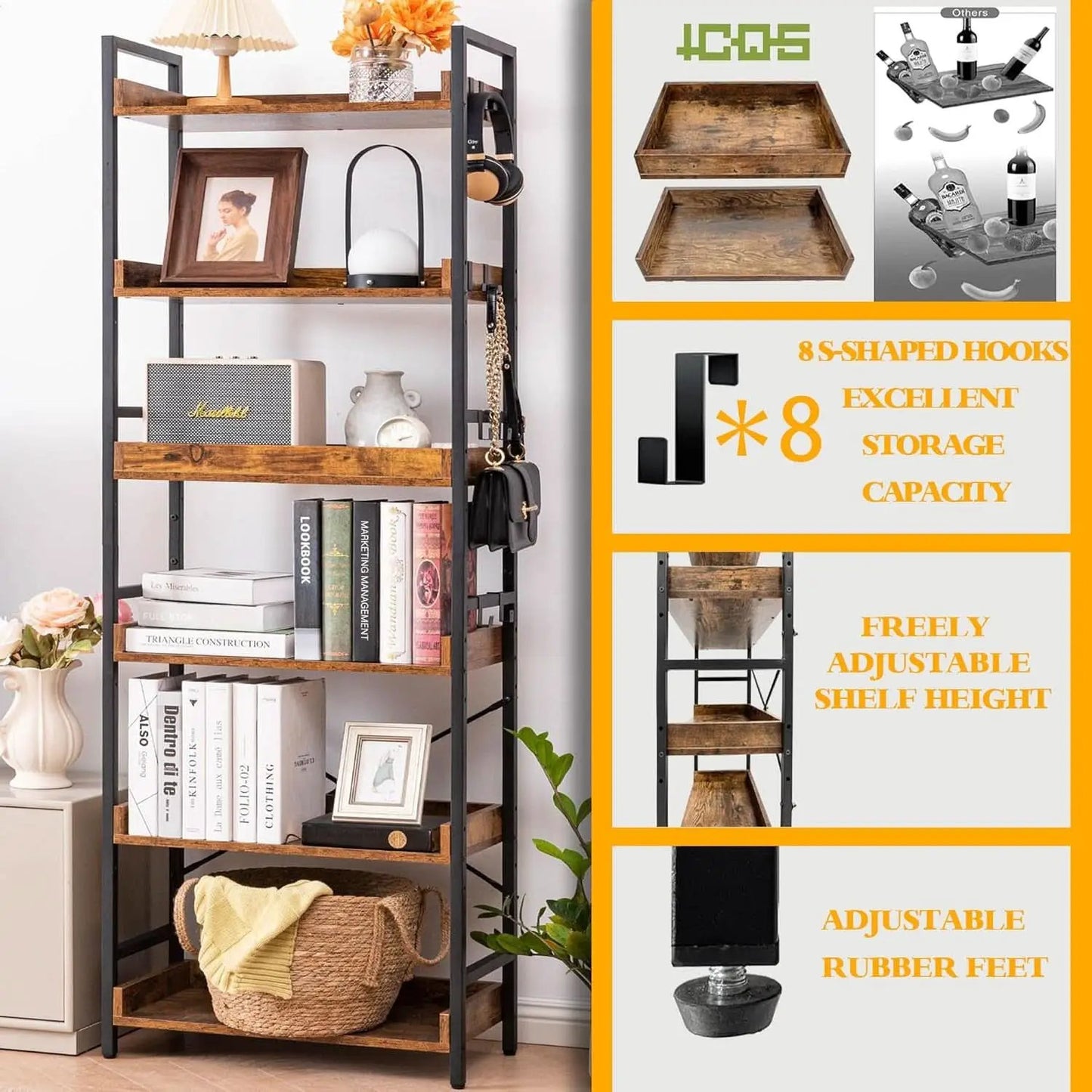 Adjustable Six Tier Industrial Wood Black Metal Bookcase from PriceLows™
