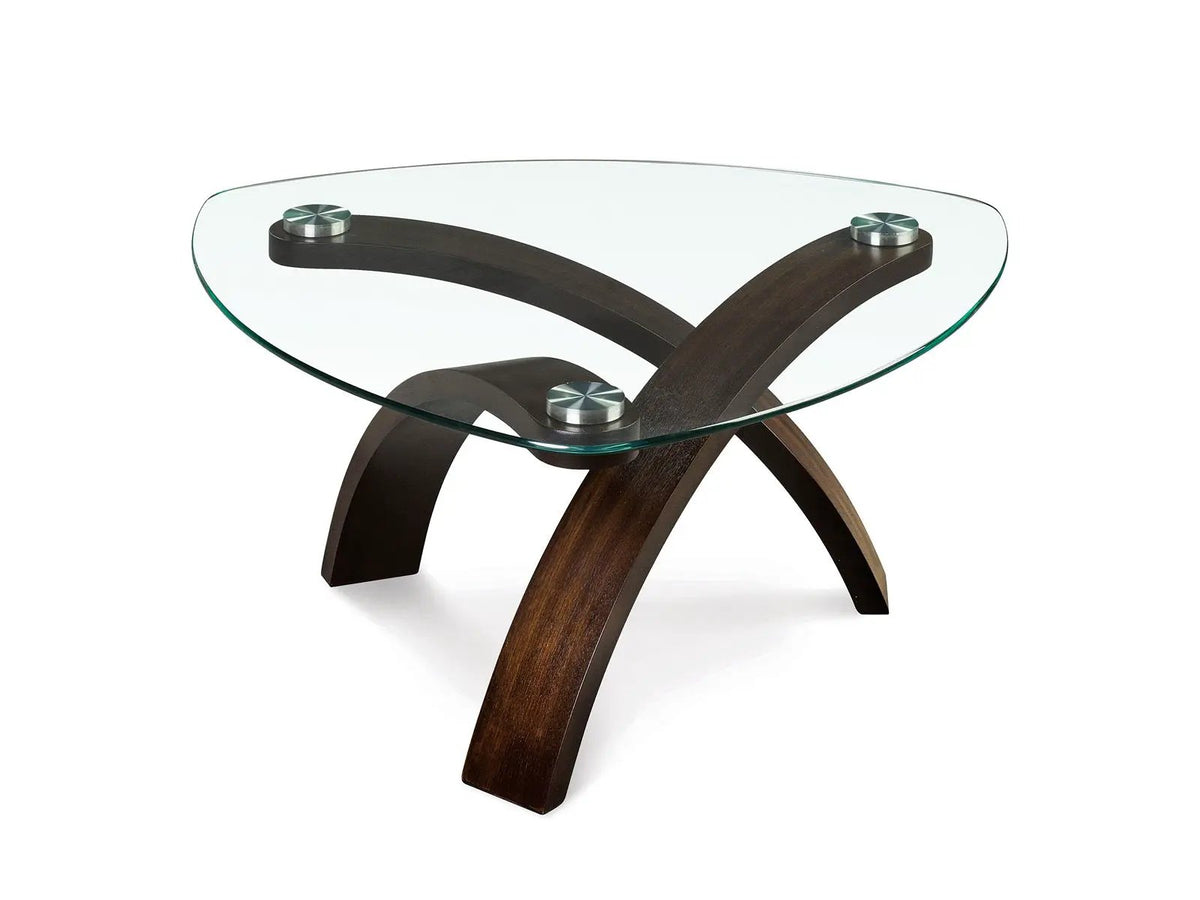 Allure End Table | Criss-Crossed Arched Base | Shaped Glass Top | Contemporary Urban Style