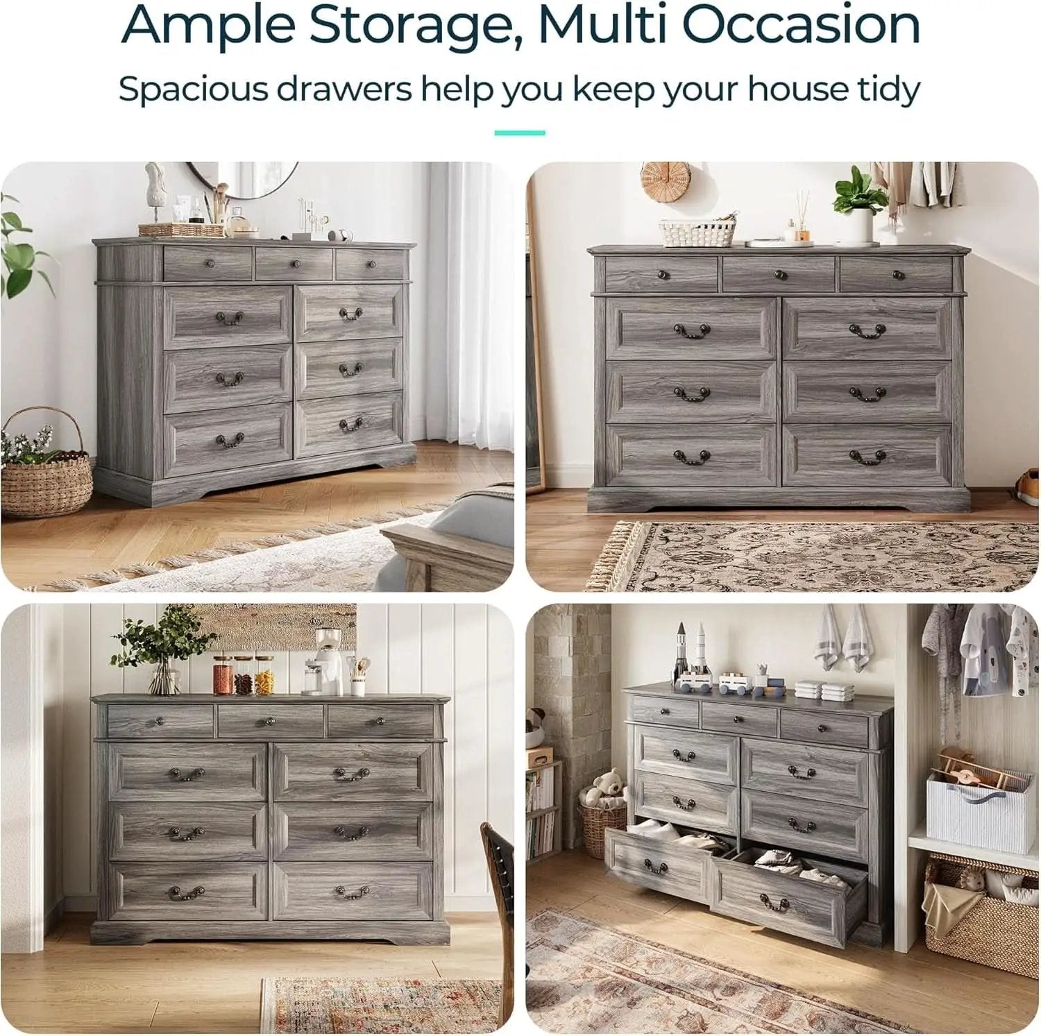 Grey 9-Drawer SolidWood Dresser For Bedroom Storage from PriceLows™