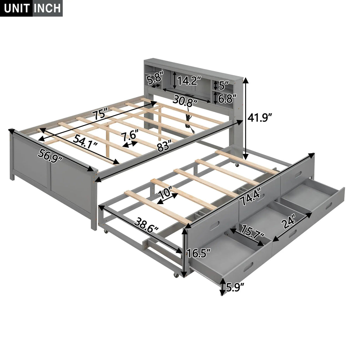 Platform Bed | Storage Headboard | USB Ports | Twin Trundle