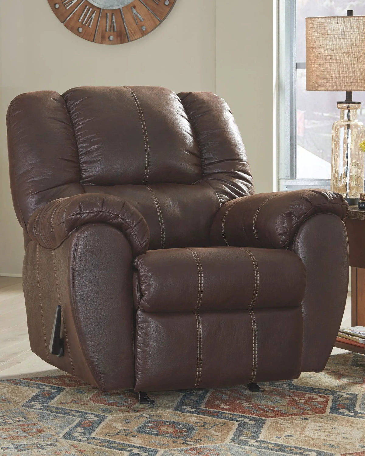 McGann Rocker Recliner | Leather Look Fabric Feel | Jumbo Stitching | Thick Cushioning