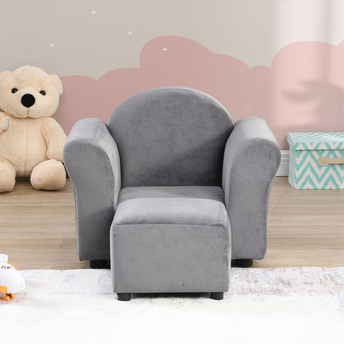 Kids Recliner | Upholstered Couch With Ottoman | Dark Gray