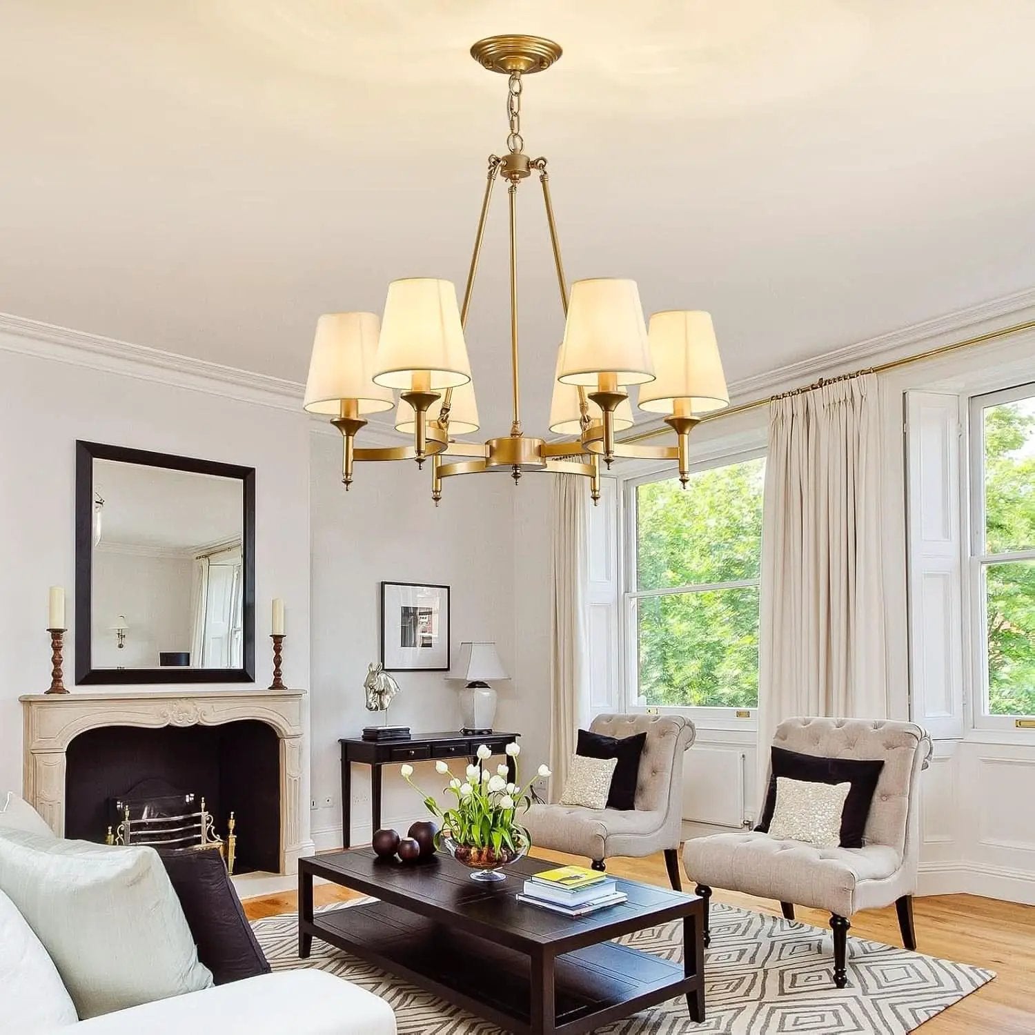 Gold Wagon Wheel Chandelier With White Linen Shade 6 Light from PriceLows™