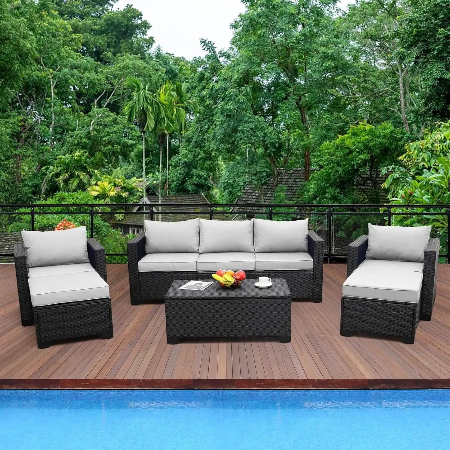 Six Piece Outdoor Wicker Furniture Set With Grey Cushions from PriceLows™