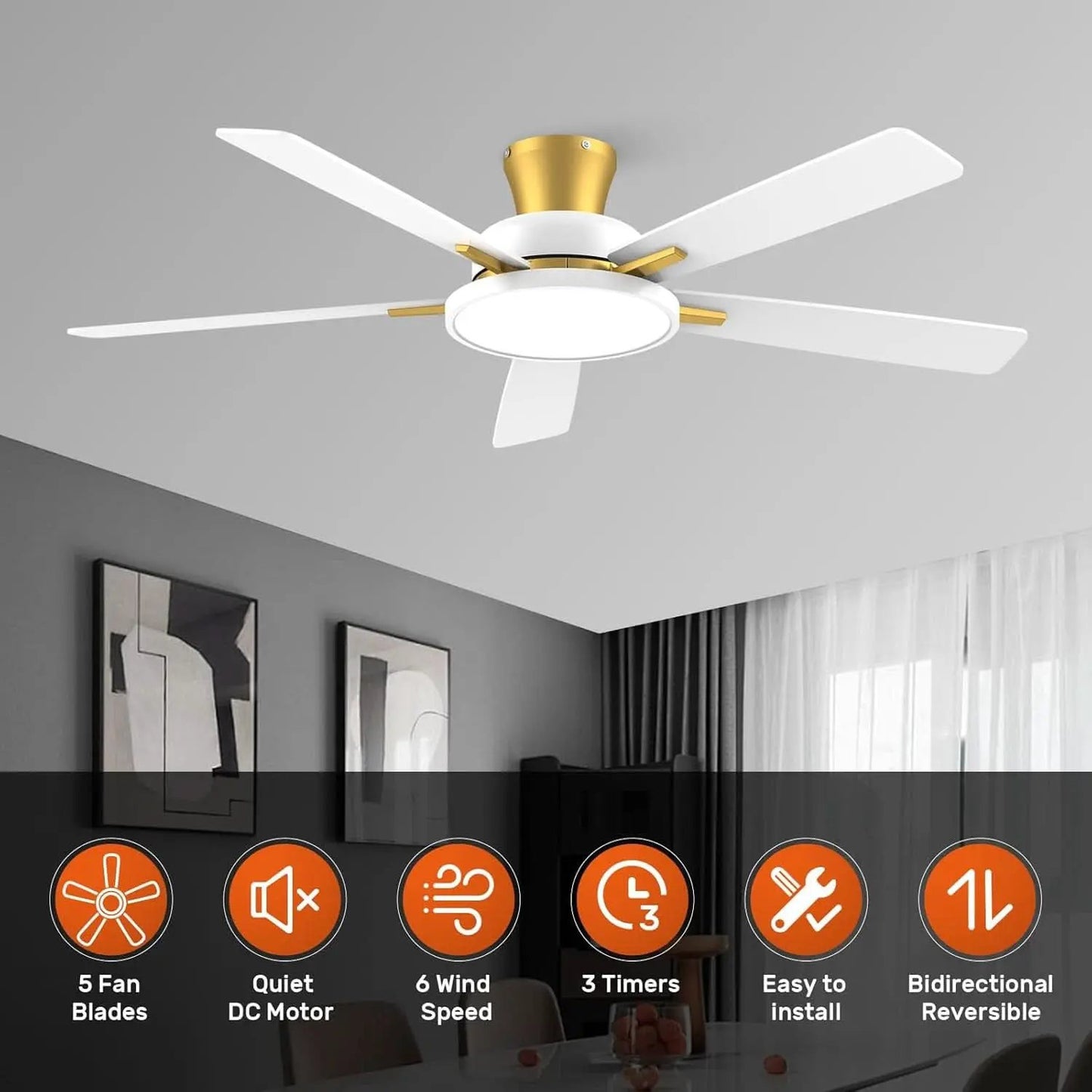 52 Inch Ceiling Fan With Remote Dimmable Lights White Gold from PriceLows™