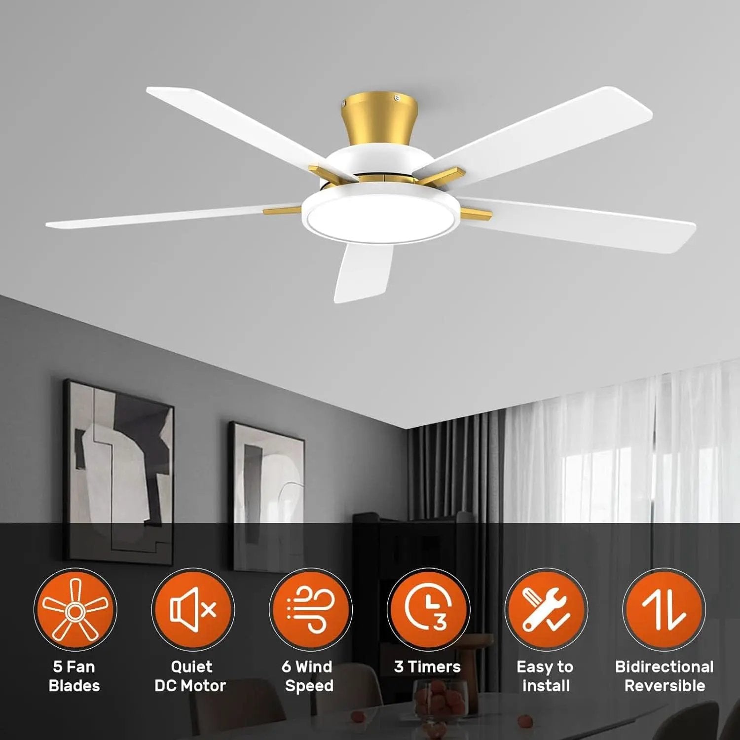 52 Inch Ceiling Fan With Remote Dimmable Lights White Gold from PriceLows™