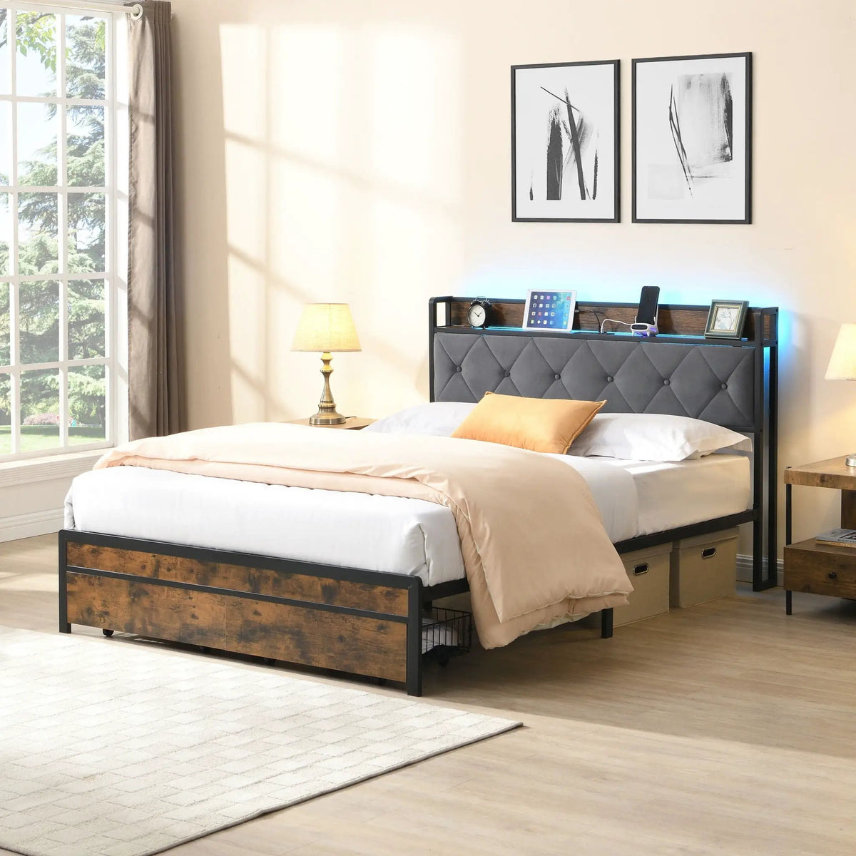 Modern Storage Bed Frame | LED Lights With Remote | Upholstered Headboard | USB Charging Station