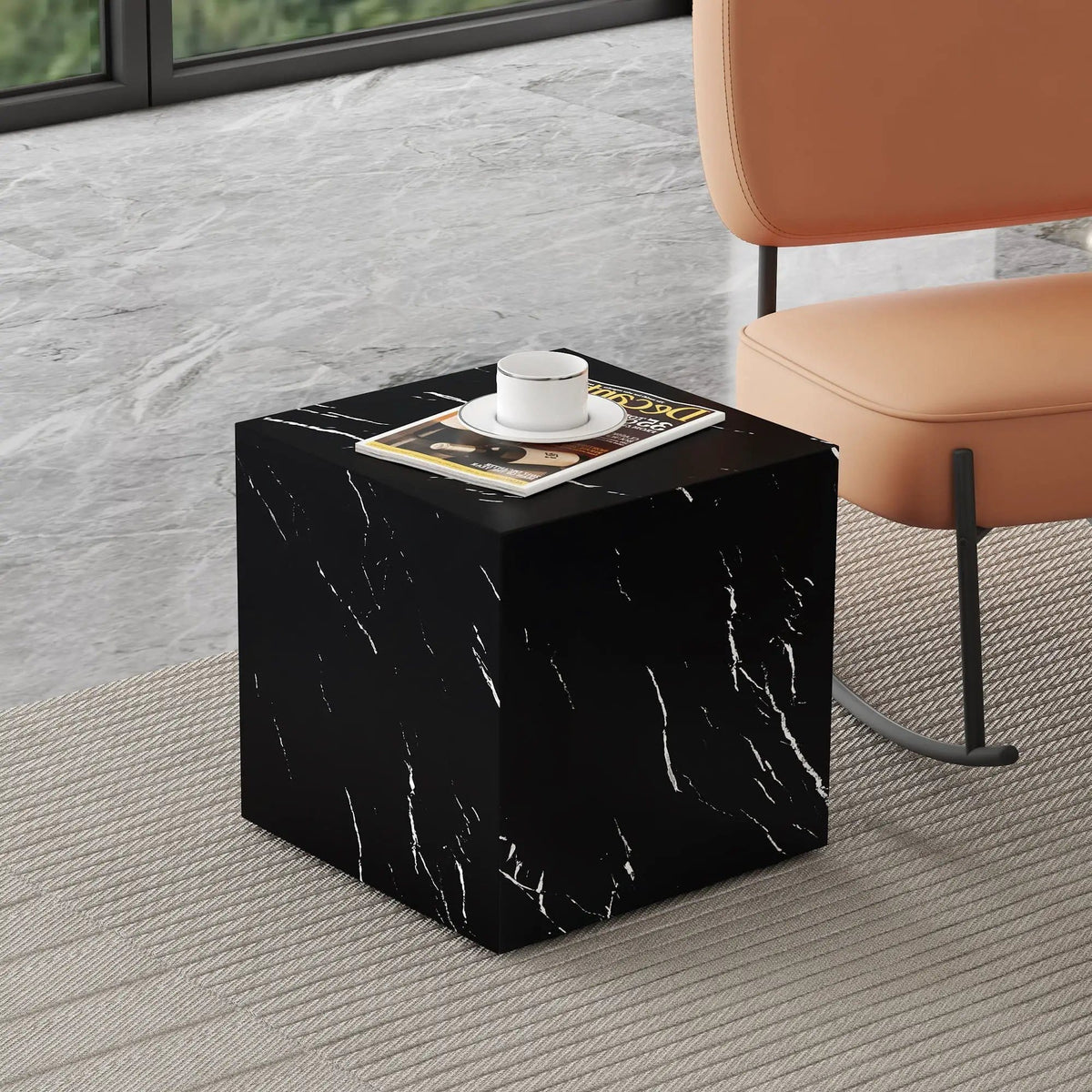 Luxurious Marble Texture Coffee Table Cube Design Elegant Living Room Accent - | 15.7 x 15.7 x 15.7 in | Marble & Mdf | Black