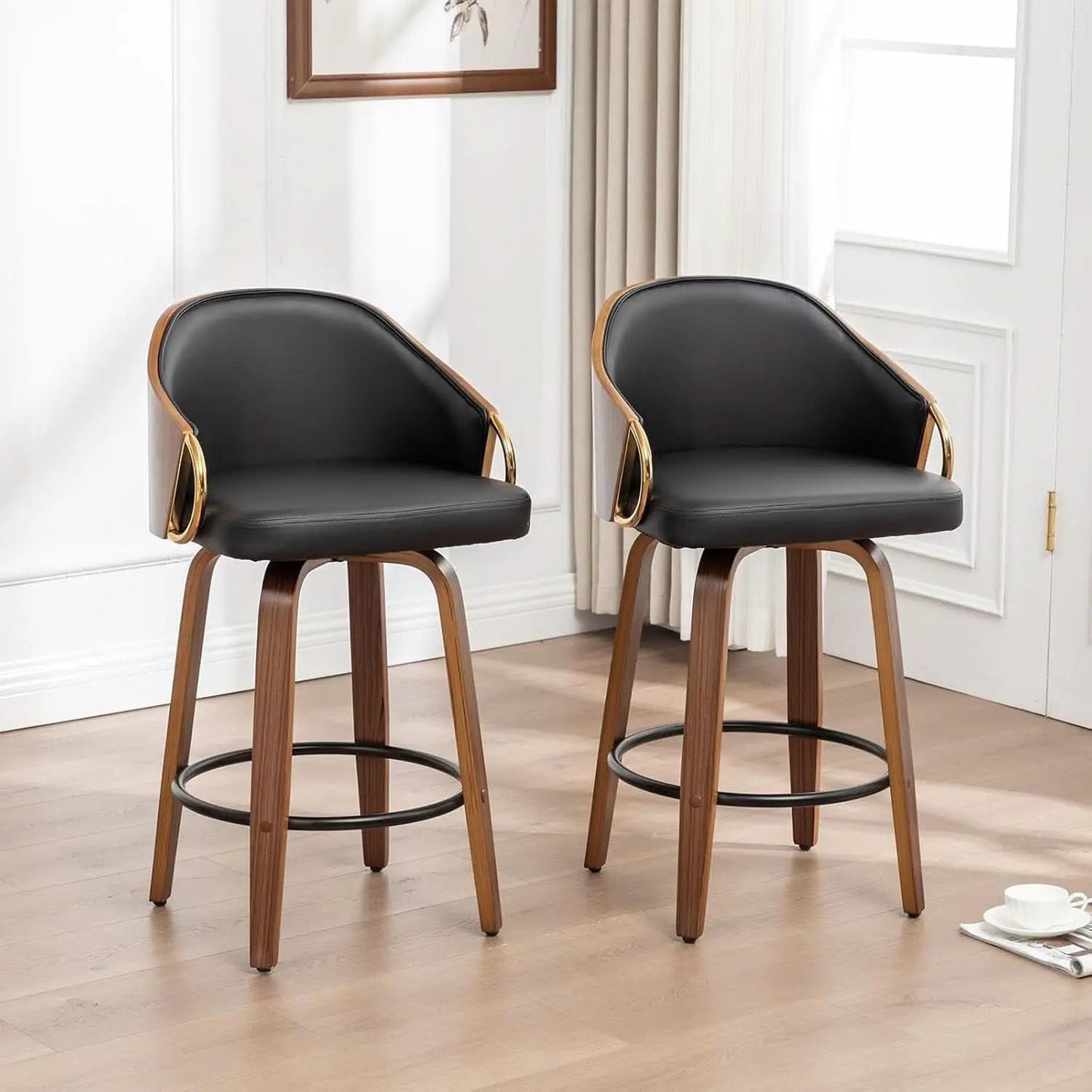 26 Inch Swivel Barstools Set of Two Black Leather from PriceLows™