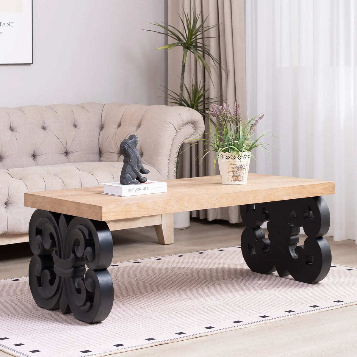 Farmhouse Coffee Table | Ornate Scroll Base | Natural Wood Top | Intricately Carved