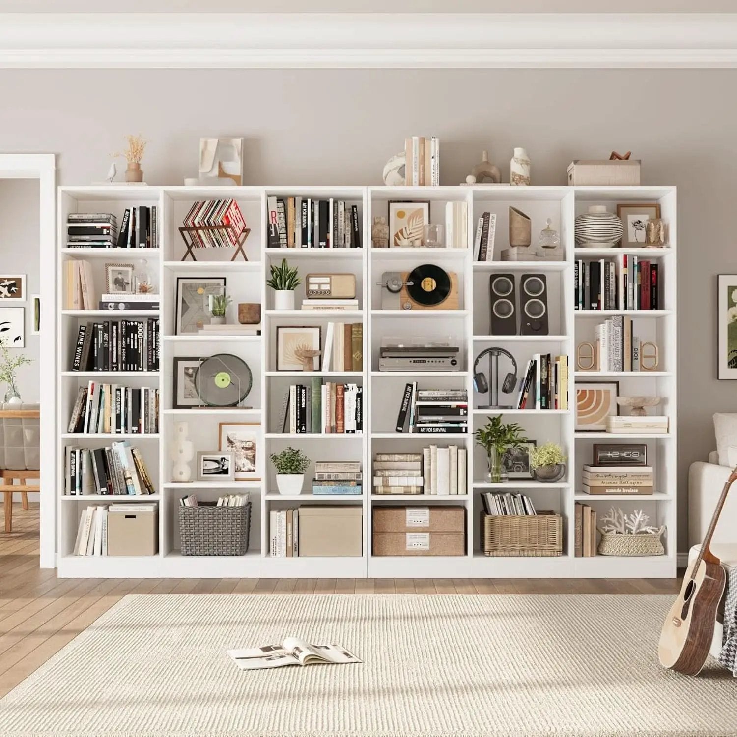 Triple Wide White Bookshelf 6 Tier 74 Inch Tall Unit from PriceLows™