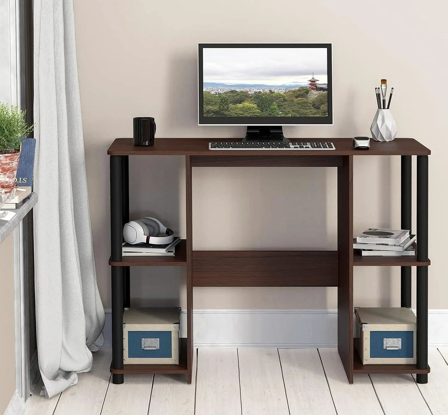 38 Inch Home Office Desk With Double Sided Shelves Cherry from PriceLows™
