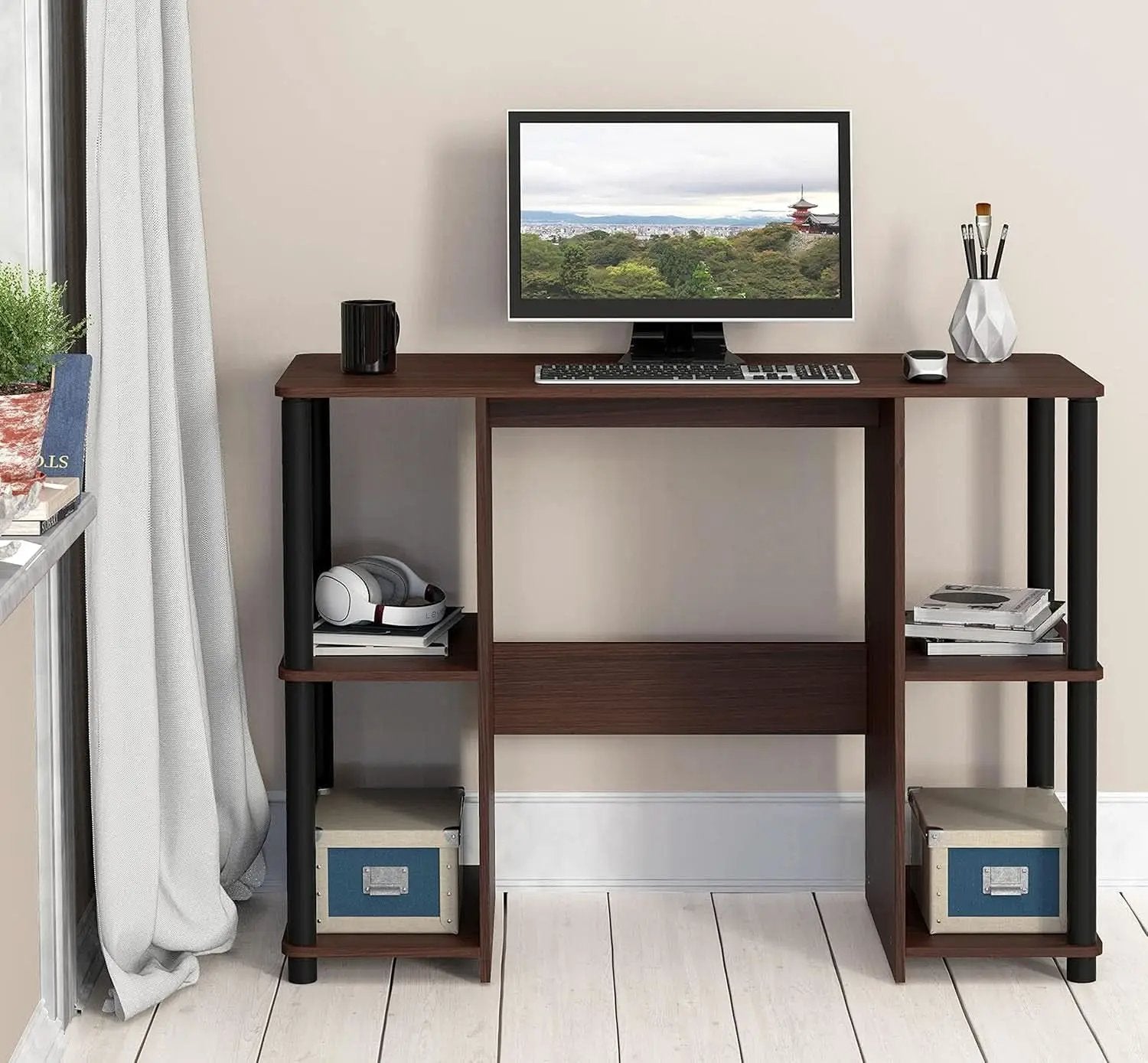 38 Inch Home Office Desk With Double Sided Shelves Cherry from PriceLows™