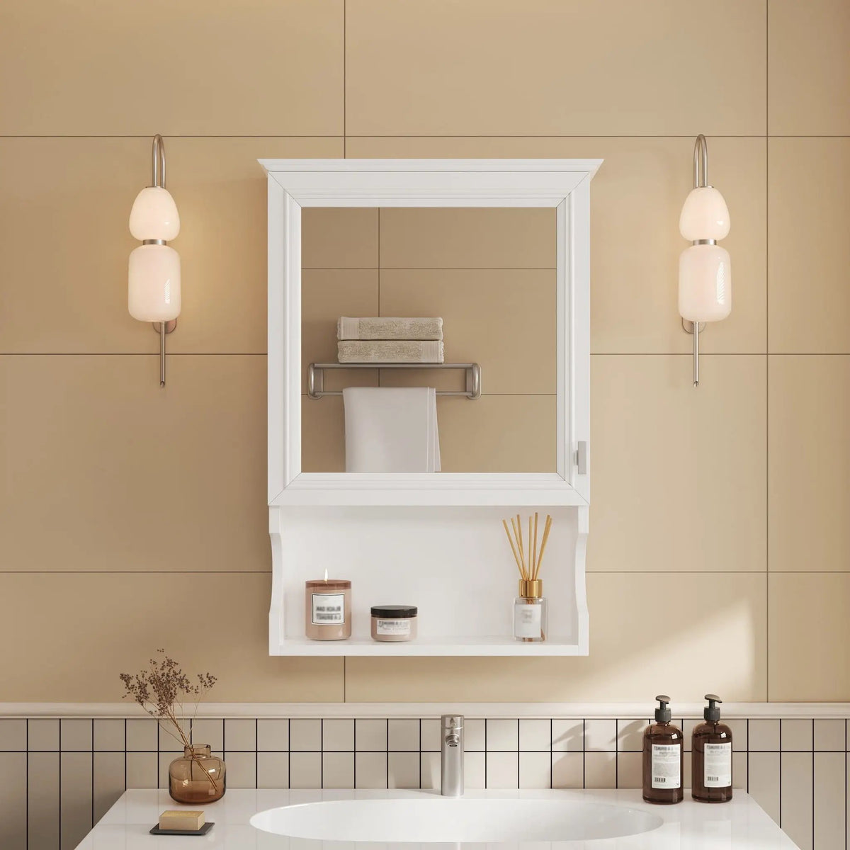 Half-Moon Wall Mounted Bathroom Cabinet | Mirror | Soft Closing Hinges | Open Shelving