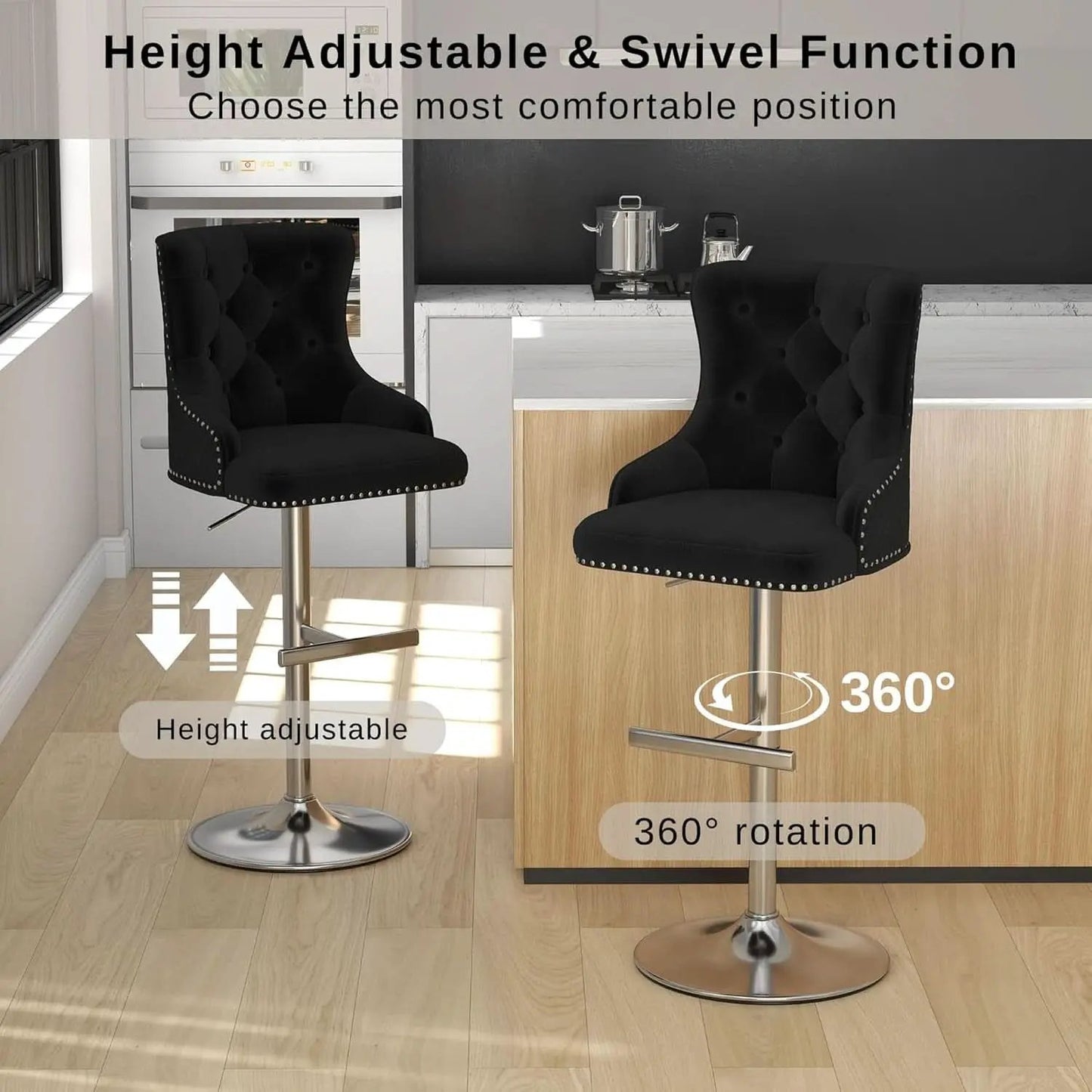 Elegant Velvet Bar Stool Set With Swivel Chrome Base