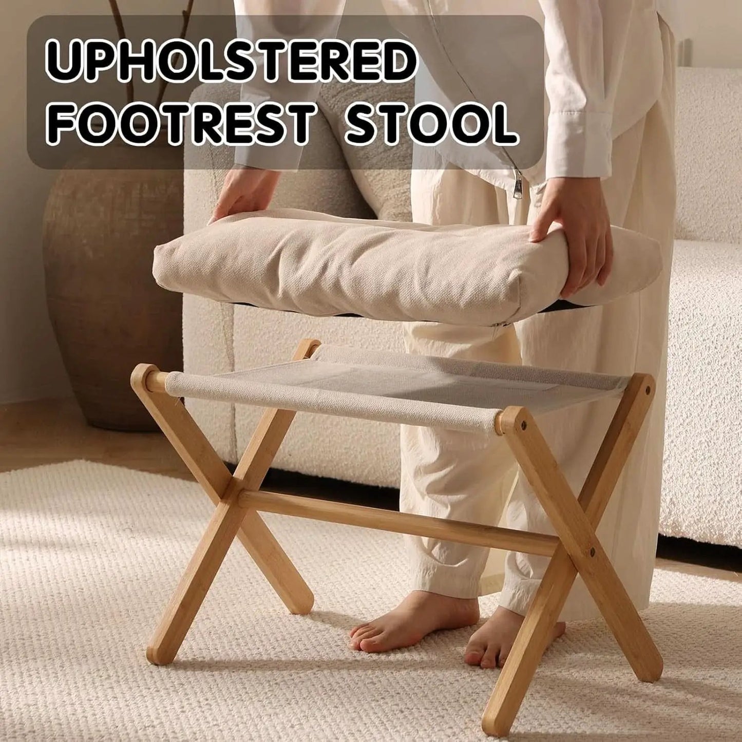Bamboo Foldable Ottoman Foot Rest Beige Upholstered from PriceLows™
