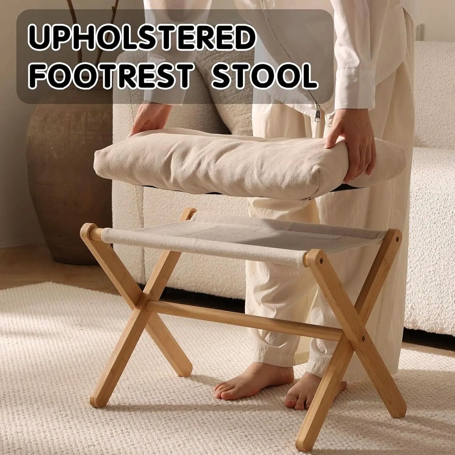 Bamboo Foldable Ottoman Foot Rest Beige Upholstered from PriceLows™