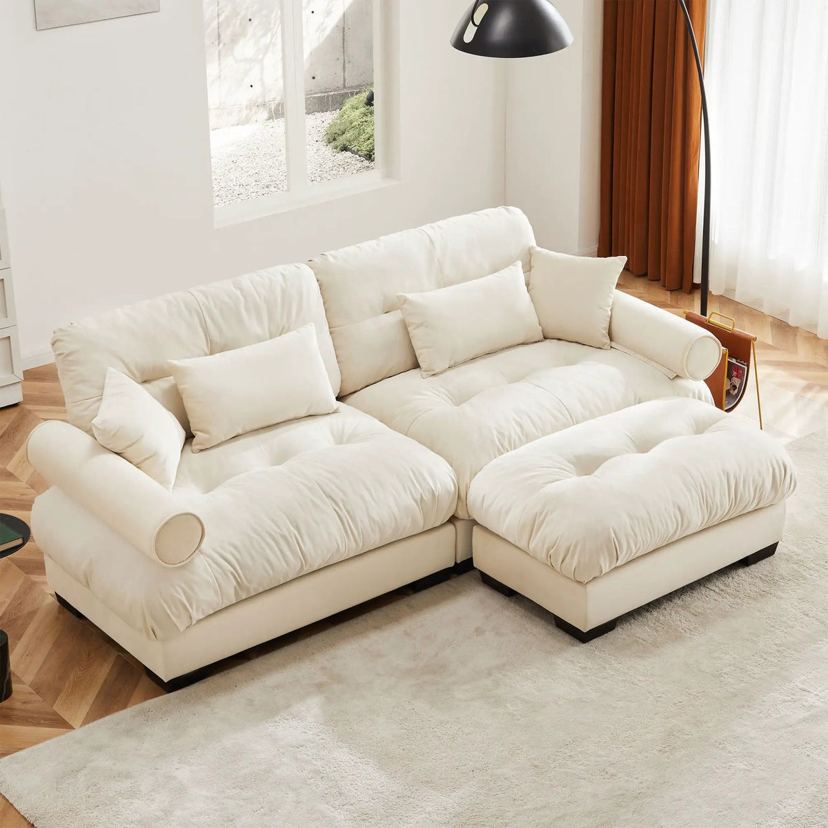 Modular Sectional Sofa | Deep Comfort Cushions | Vintage Fabric Ottoman