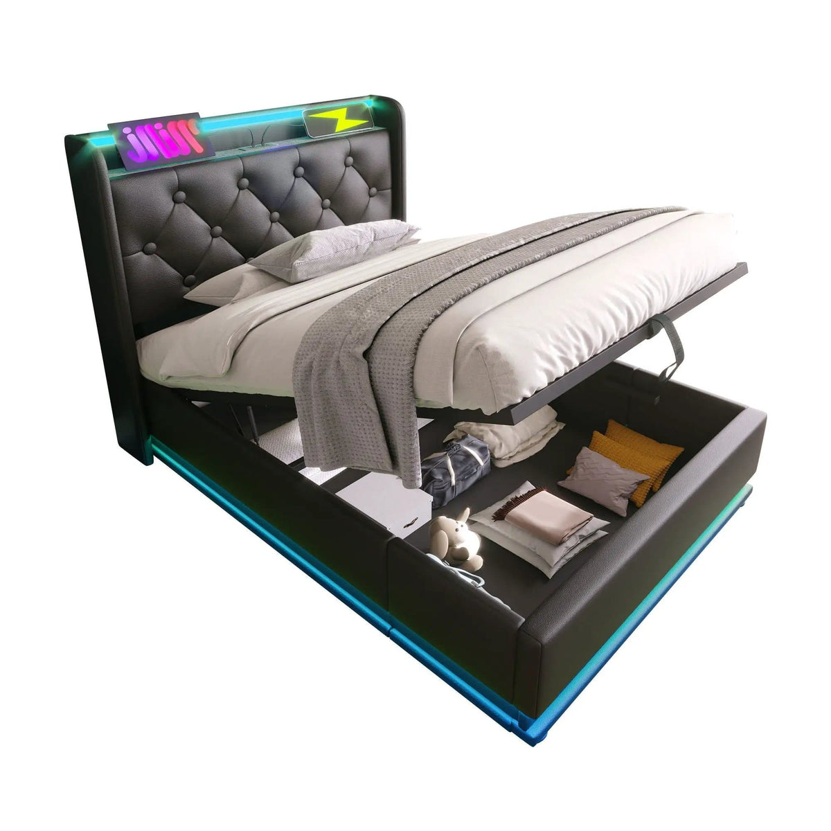 Upholstered Bed, 360 Surround LED Function, Remote Control, Hydraulic Storage Bed | 8 Pieces | Fabric & Iron | Bedroom