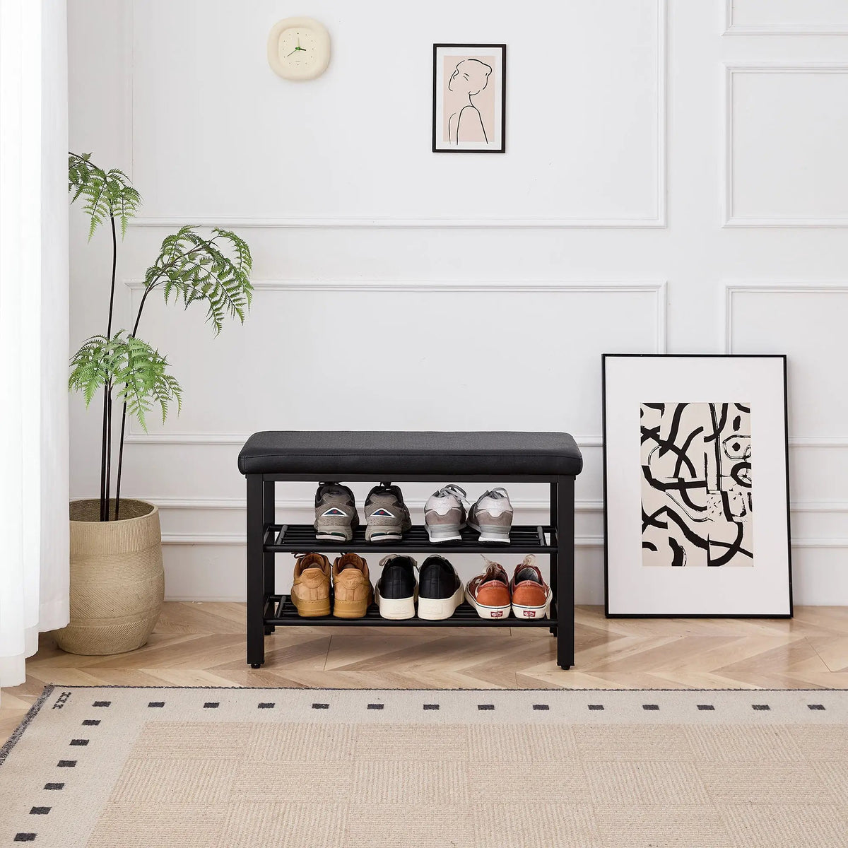 Entryway Shoe Bench | Cushioned Storage Seat | Durable Metal Frame | Hidden Storage Shelf