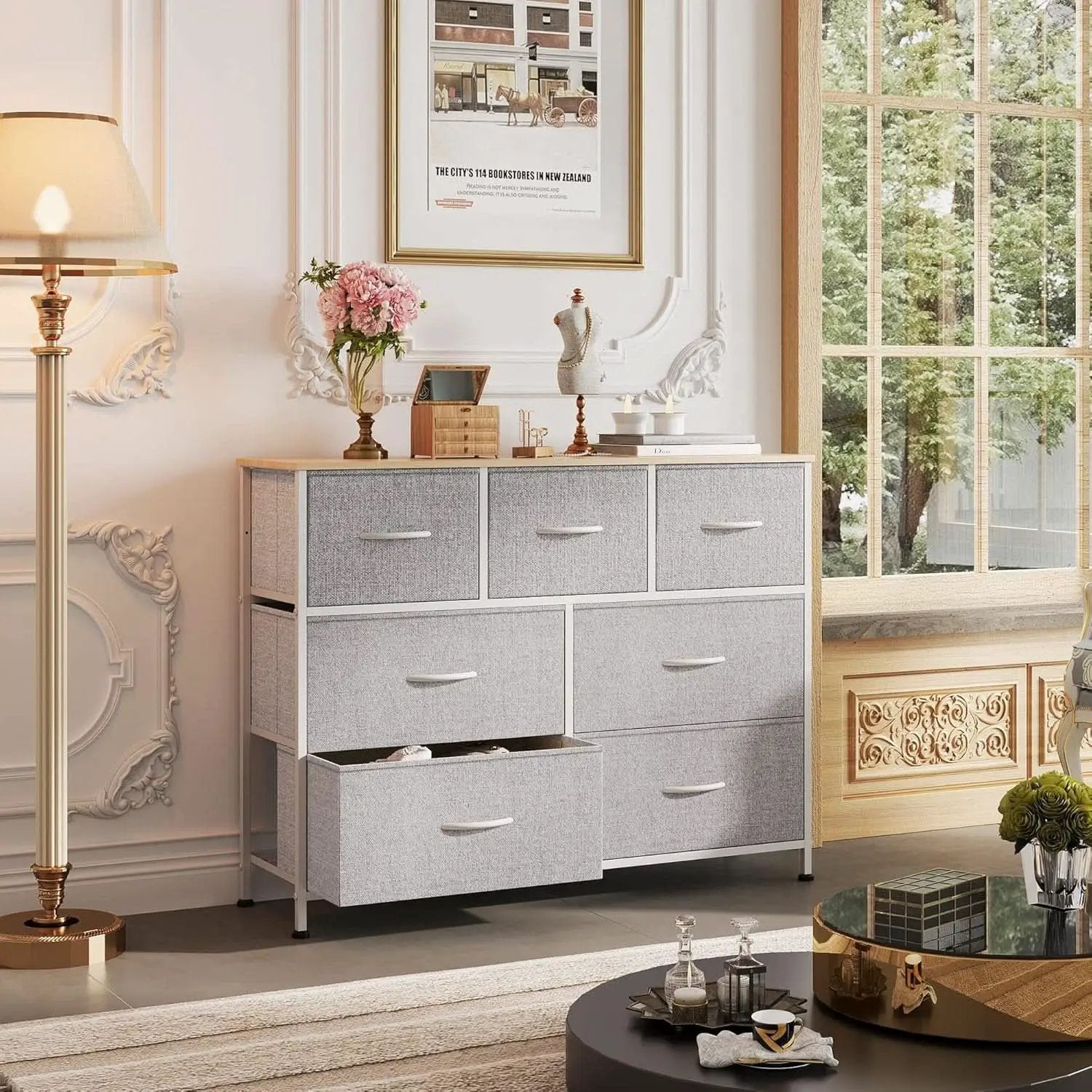 Light Grey Dresser TV Stand 45 Inch TV With Fabric Drawers from PriceLows™