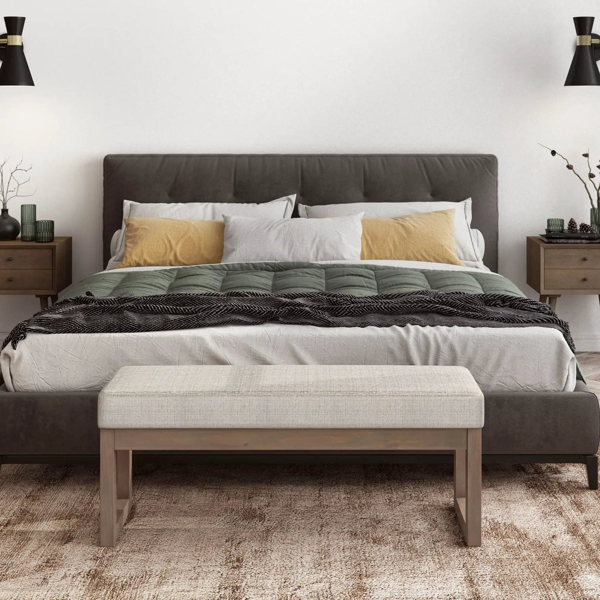 Milltown Upholstered Ottoman Bench | Driftwood Solid Wood Base | Versatile Design | 44.5 Inch Width
