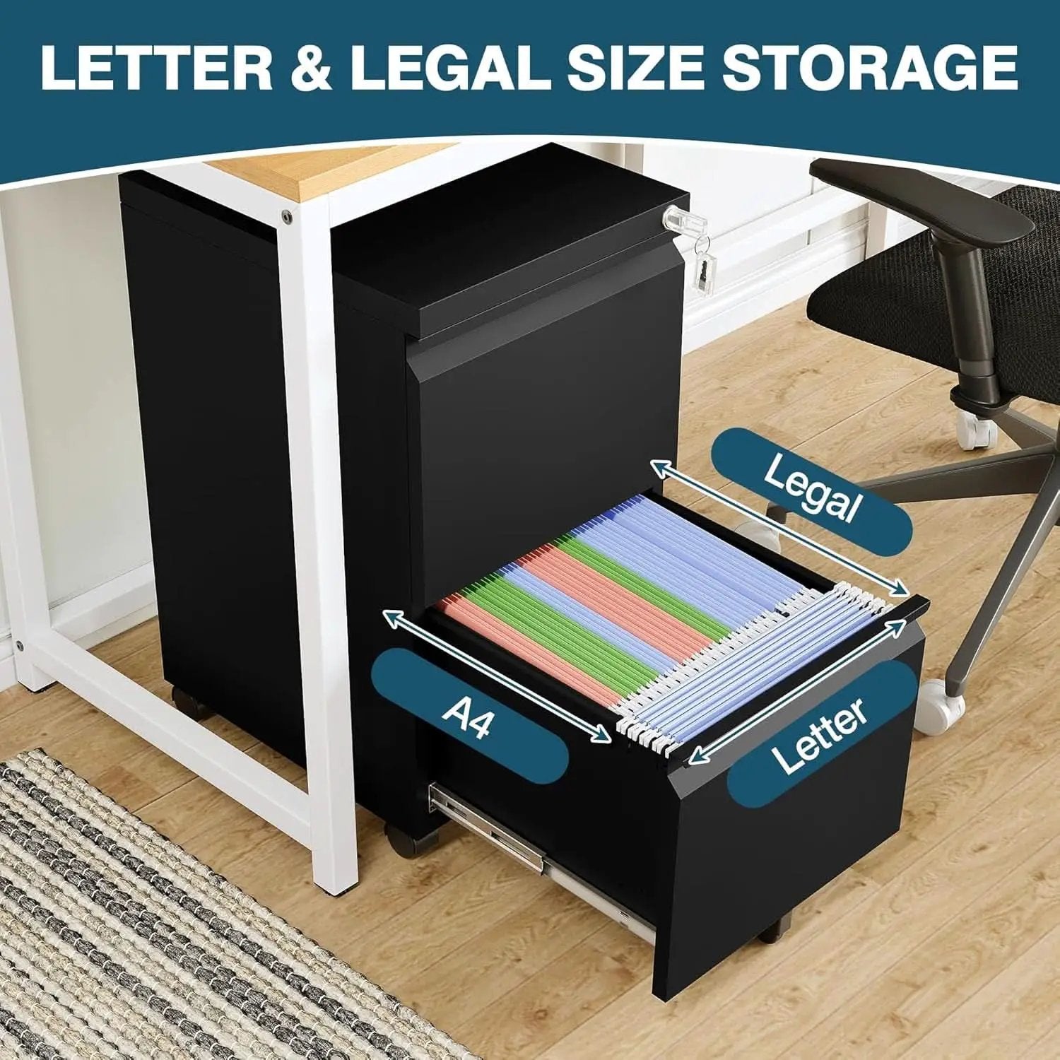 2 Drawer Mobile File Cabinet On Wheels Black For Home Office Under Desk Filing Legal Letter A4 from PriceLows™