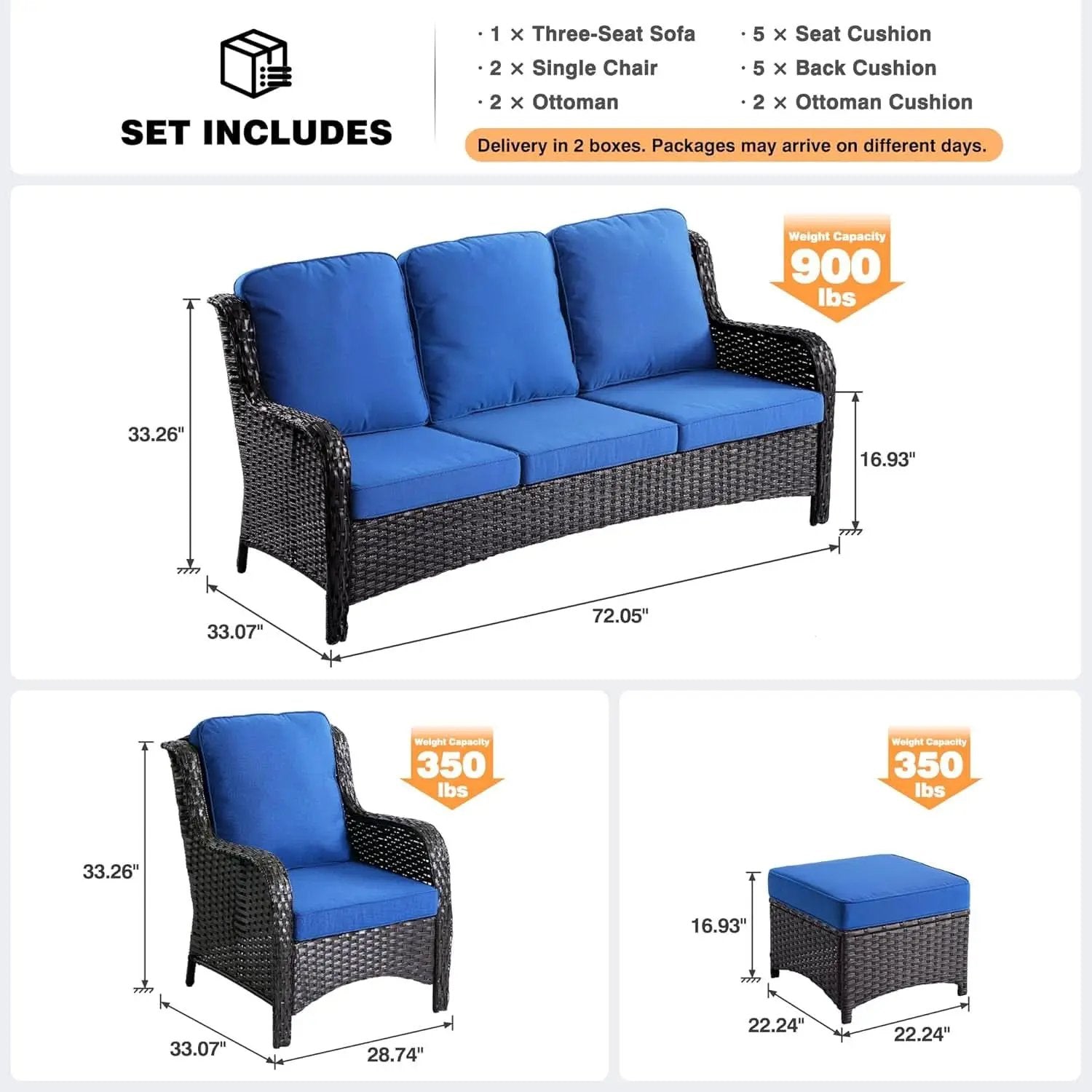 Five Piece Outdoor Wicker Patio Set With Cushions Navy Blue from PriceLows™